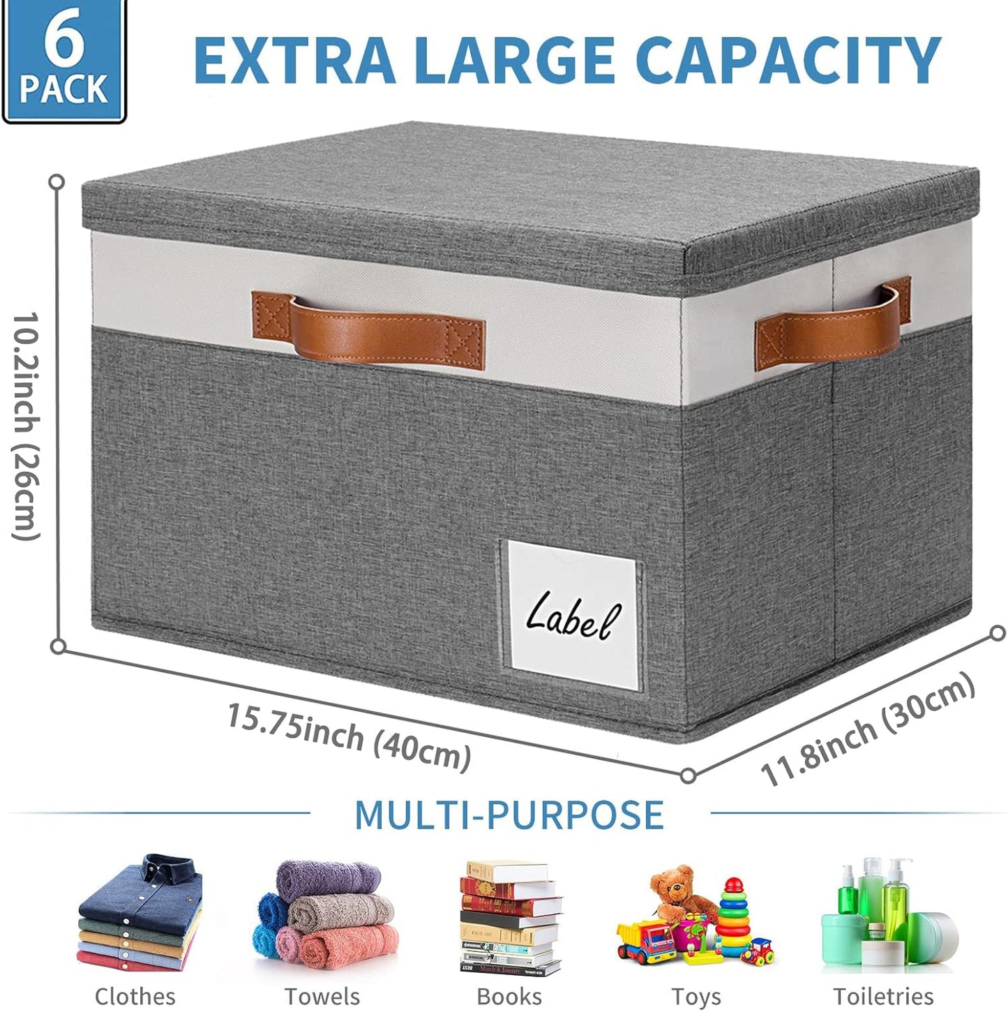 GhvyenntteS Extra Large Storage Bins with Lids 6 Pack, Foldable Fabric Storage Boxes with Lids and 3 Leather Handles, Storage Baskets with Label Window (Grey, 15.75" x 11.8" x 10.2")