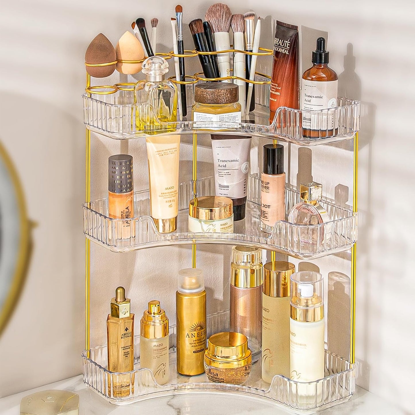 Upgraded 3-Tier Corner Bathroom Countertop Organizer – Spacious Storage for Makeup, Skincare & Perfumes, Built-in Brush Holder Fits Vanity/Dresser/Bsthtub (Classic White)