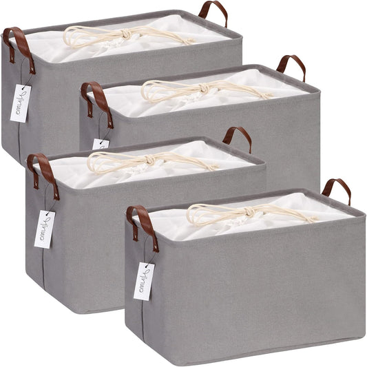 Hinwo 31L Large Storage Bins, 4-Pack Closet Organizers and Storage, Foldable Clothes Storage Baskets with Handles, Containers for Clothing, Blanket, Towels, Toys, Bedding (Gray),16.5'' / 31L / 4-Pack