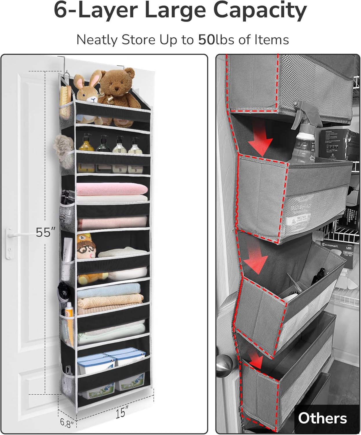 ULG Over The Door Organizer with 6 Large Pockets 12 Side Pockets, 50lbs Weight Capacity Door Hanging Organizer for Bedroom, Bathroom Black