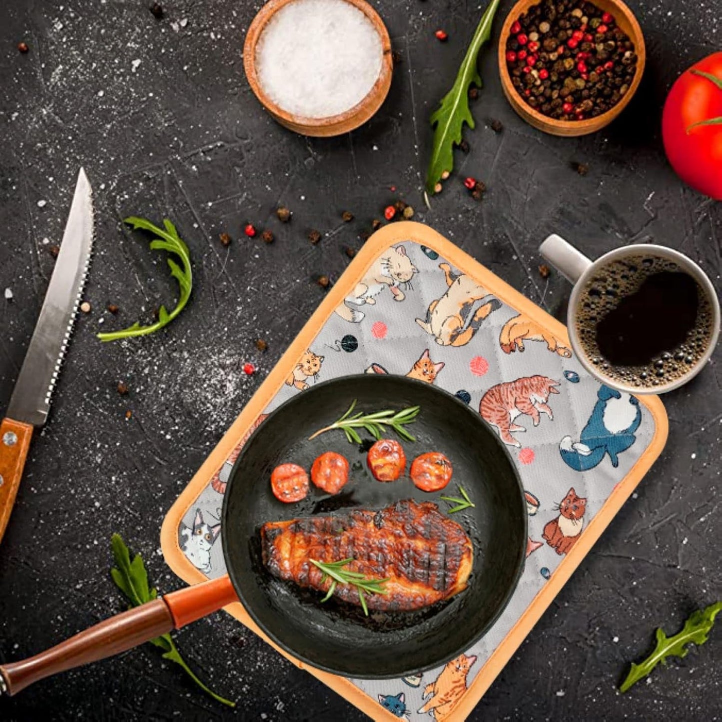 Pot Holders Set of 2 Heat Resistant 480℉ Kitchen 100% Cotton Comfortable Lining Printing Fox Flower Women Men Home Cooking Baking Microwave BBQ Gift (Cat potholder)