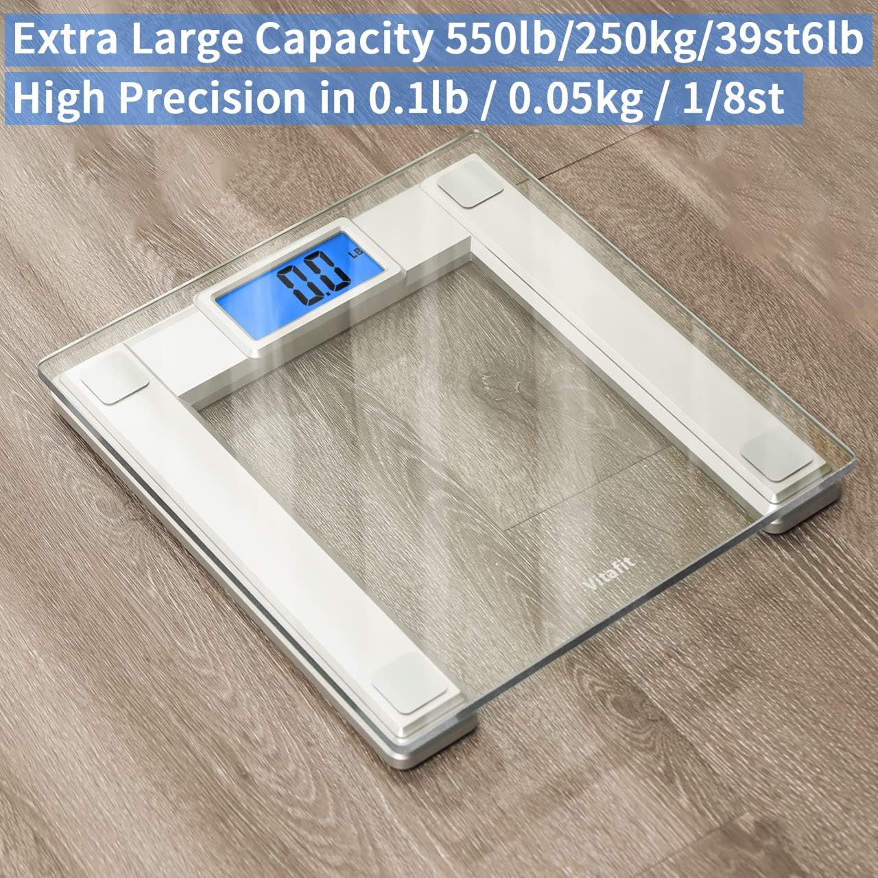 Vitafit 550lb Digital Bathroom Scale for Body Weight and BMI Via Smart APP, High Accuracy Assured by Weighing Professional Since 2001, 8mm Tempered Glass, Extra Large Blue Backlit LCD, Silver