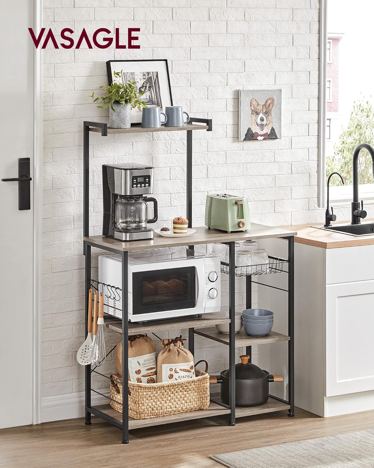 VASAGLE Baker's Rack, Microwave Stand, Kitchen Storage Rack with Wire Basket, 6 Hooks, and Shelves, for Spices, Pots, and Pans, Heather Greige and Ink Black UKKS035B02