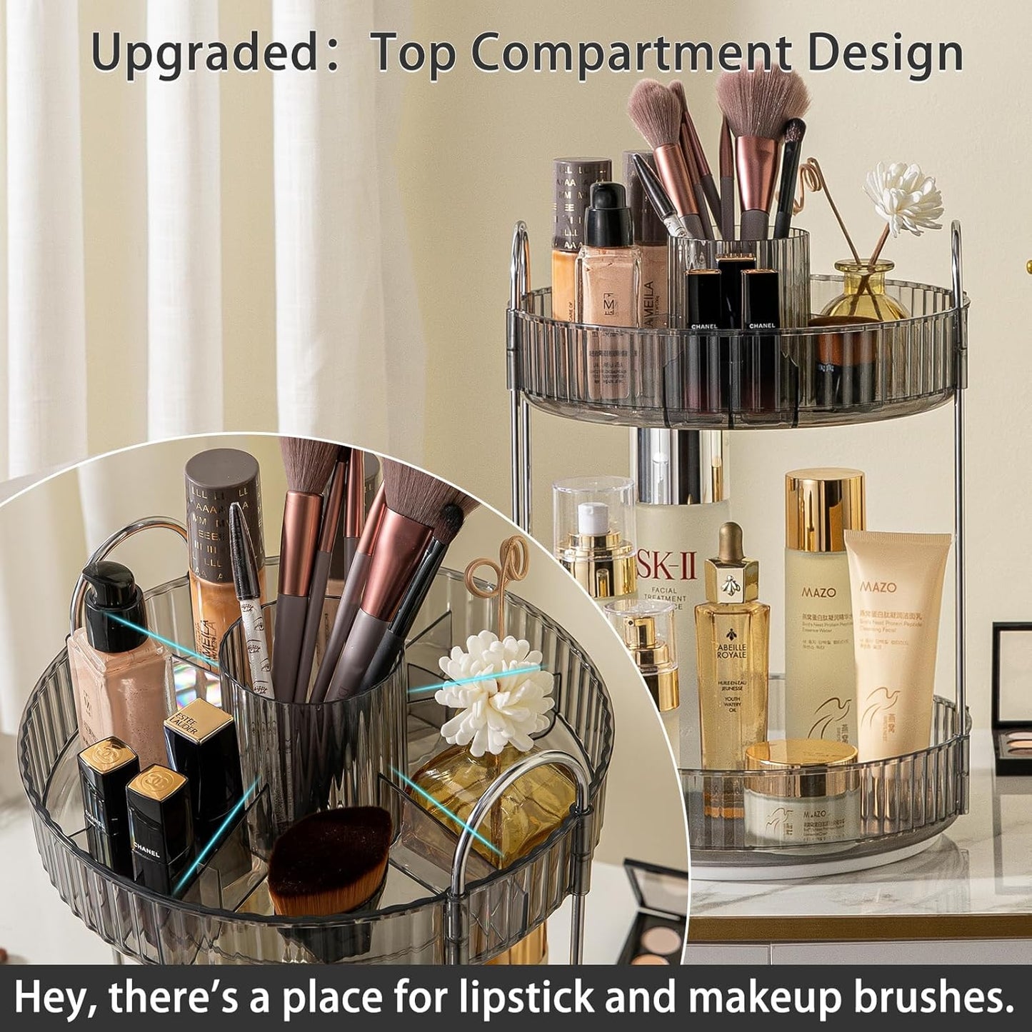 Rotating Makeup Organizer for Vanity, High-Capacity Skincare Clear Make Up Storage Perfume Organizers Cosmetic Dresser Organizer Countertop 360 Spinning (Gray, New-2 Tier)