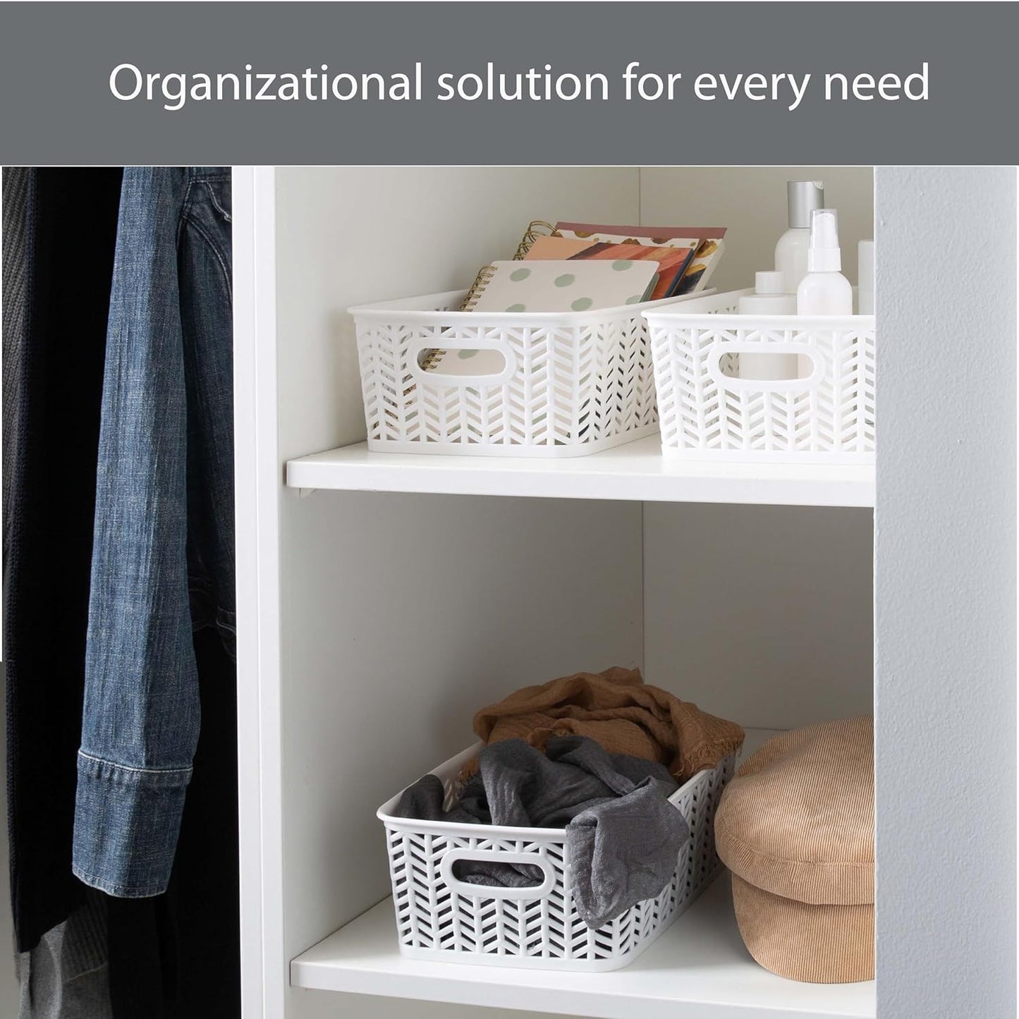 Simplify 3 Pack Small Herringbone Storage Basket | Dimensions: 10"x8"x4" | Light Weight | Two Open Handles | White | Organization | Many Uses | Kitchen Storage | Bathroom Storage |