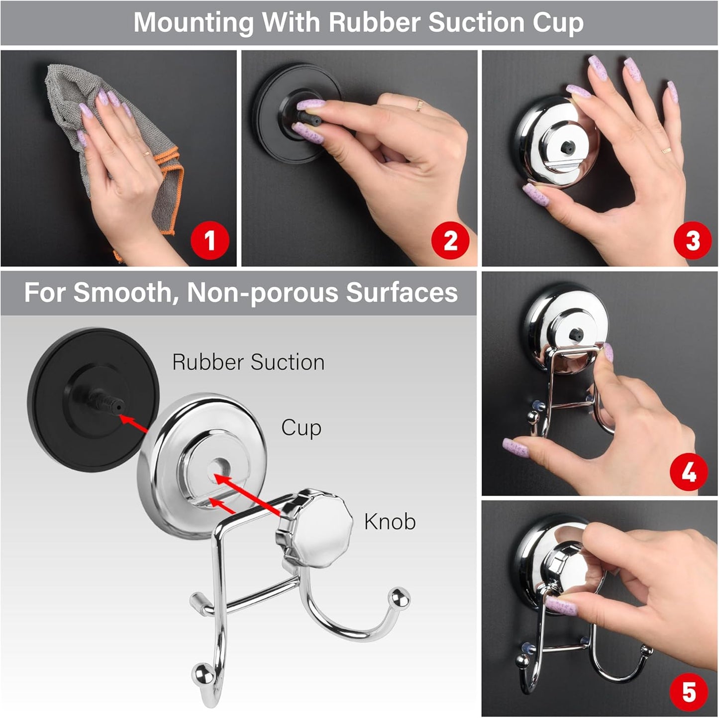 Powerful Vacuum Suction Cup Hooks - Organizer for Towel, Bathrobe and Loofah - Strong Stainless Steel Towel Hooks for Bathroom & Kitchen, Towel Hanger Storage (2 Pack)