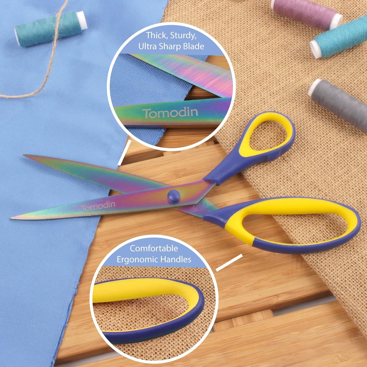 BambooMN Titanium Softgrip Scissors Set for Sewing, Arts, Crafts, Office - Blue w/Yellow - 10 Sets of 3