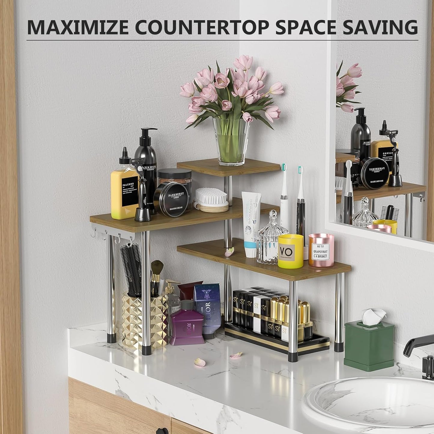 ZHWS Kitchen Corner Shelf Countertop Organizer - 3 Tier Bamboo & Metal Kitchen Organization Plant Stand Living Room Office, Spice Rack On Counter Shelves, Antique