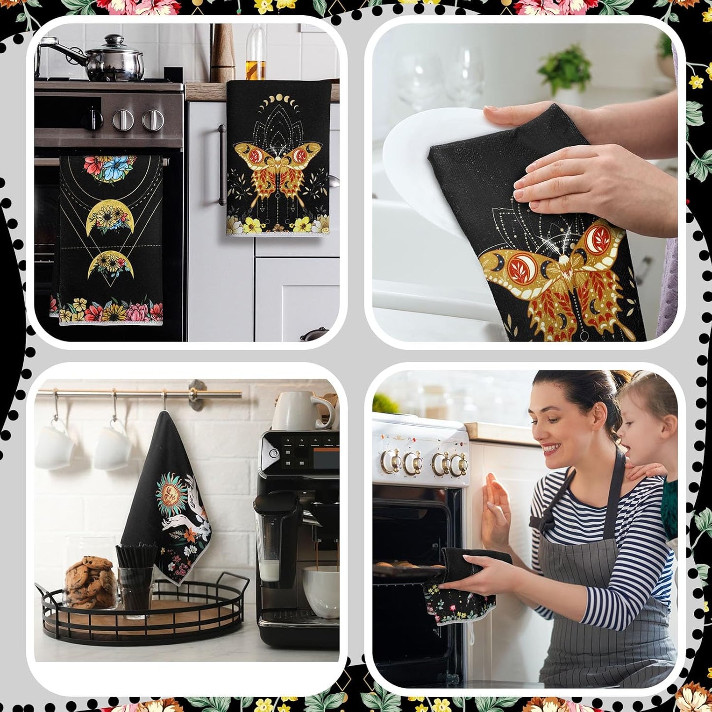 Boyiee Set of 6 Witchy Kitchen Towels Boho Tea Towels Absorbent Mushroom Floral Dish Towels 24 x 16'' Gothic Dish Towels Sun Moon Star Butterfly Hand Towels Gifts for Farmhouse Kitchen Bathroom