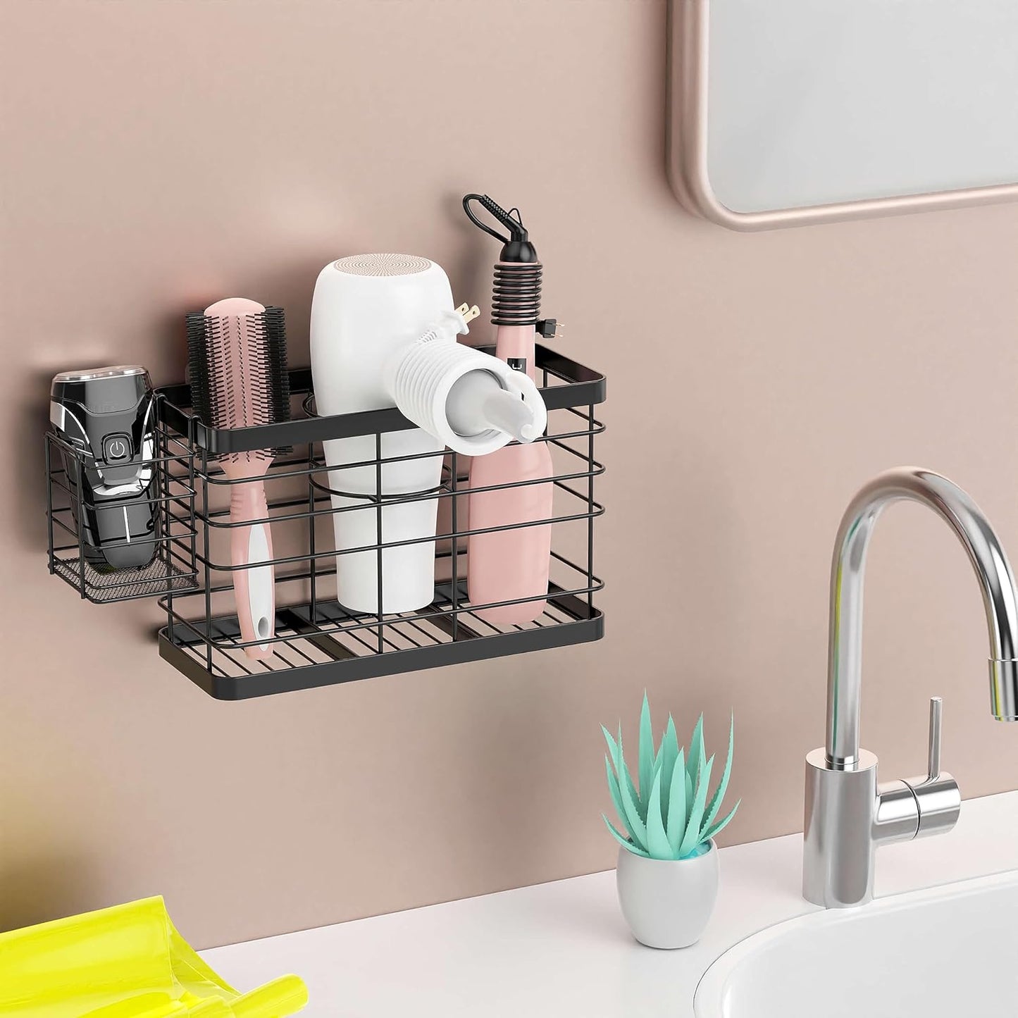 Hair Tool Organizer - Black Steel Wall Mounted Hair Dryer Holder with Removable Basket, 10.62"L x 4.33"W x 6.69"H, Ideal for Small Bathrooms