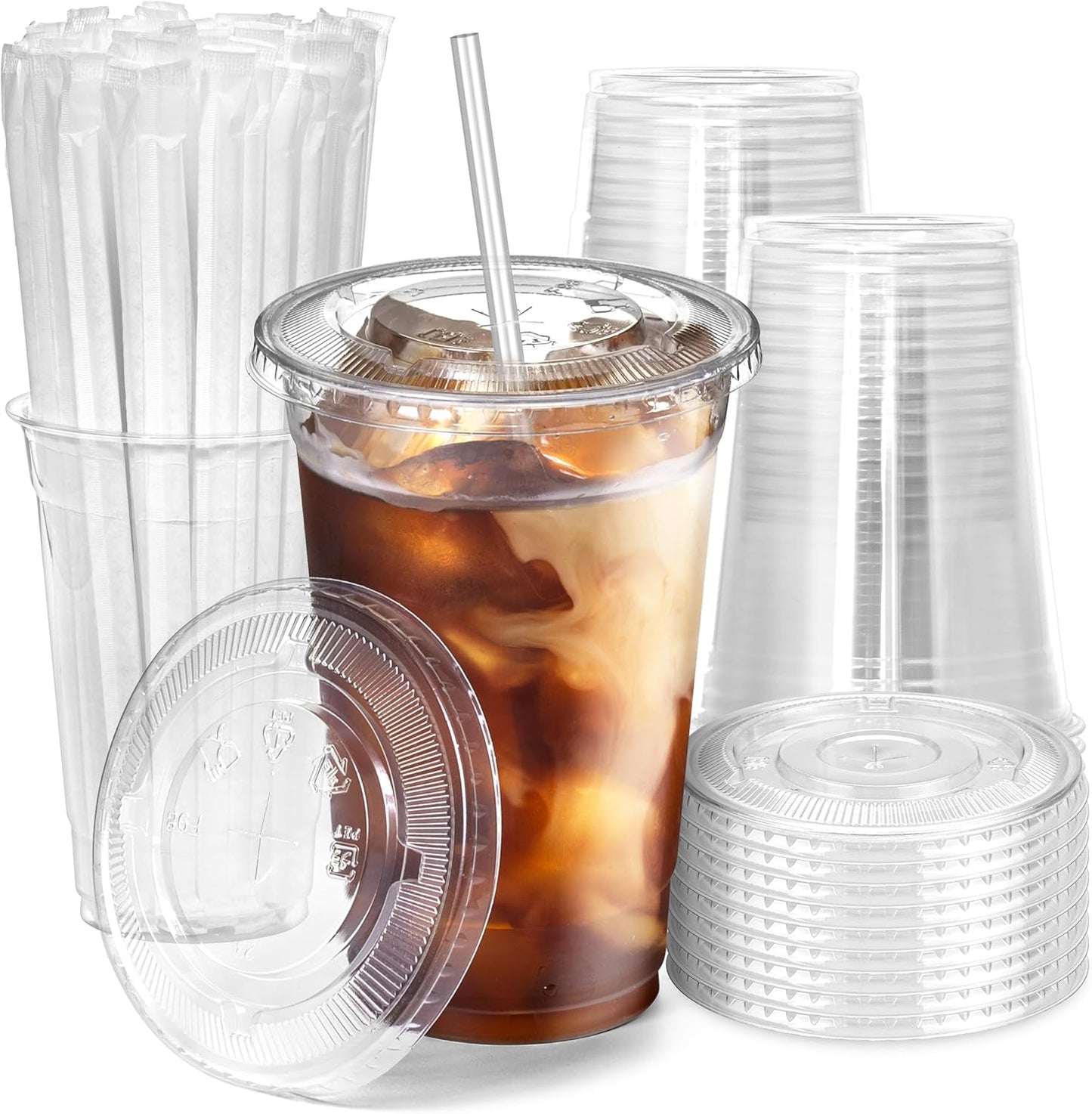 Fit Meal Prep 100 Pack 20 oz Plastic Iced Coffee Cups with Flat Lids and Clear Straws, Disposable Clear Cup, BPA Free Cup for Party, Smoothie, Cold Drinks, Juice, Milkshake, Bubble Boba, Tea