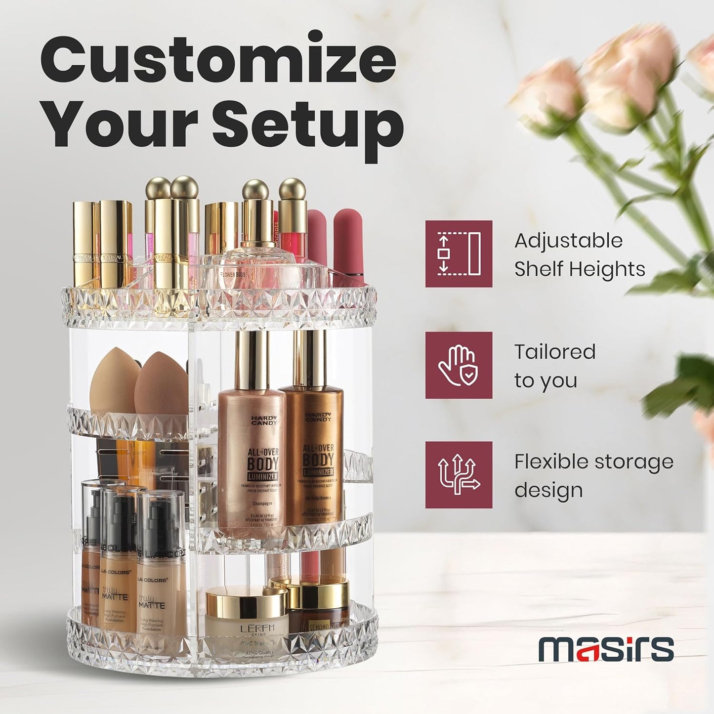 360 Rotating Makeup Organizer Diamond Design - Adjustable Shelf Height and Fully Rotatable - The Perfect Round Spinning Cosmetic Organizer for Bedroom Dresser or Vanity Countertop Storage (Clear)