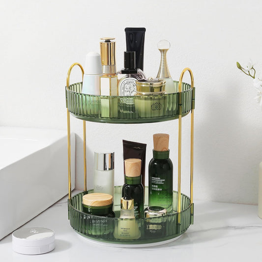 Rotating Makeup Organizer for Vanity, Perfume Skincare Lipstick Organizers for Bathroom Countertop, Clear Make up Storage for Dresser, Bathroom Cosmetics Organizer Storage 360 Spinning(2 Tier, Green)