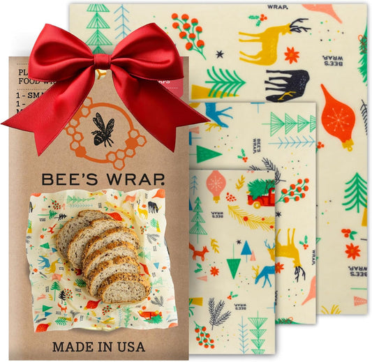 Bee's Wrap Beeswax Wraps for Food - Made in USA Reusable & Organic Food Wraps, Sandwich Wrap & Bowl Covers - Eco-Friendly Alternative to Aluminum Foil, Winter Wonderland 3 Pack (S, M, L)