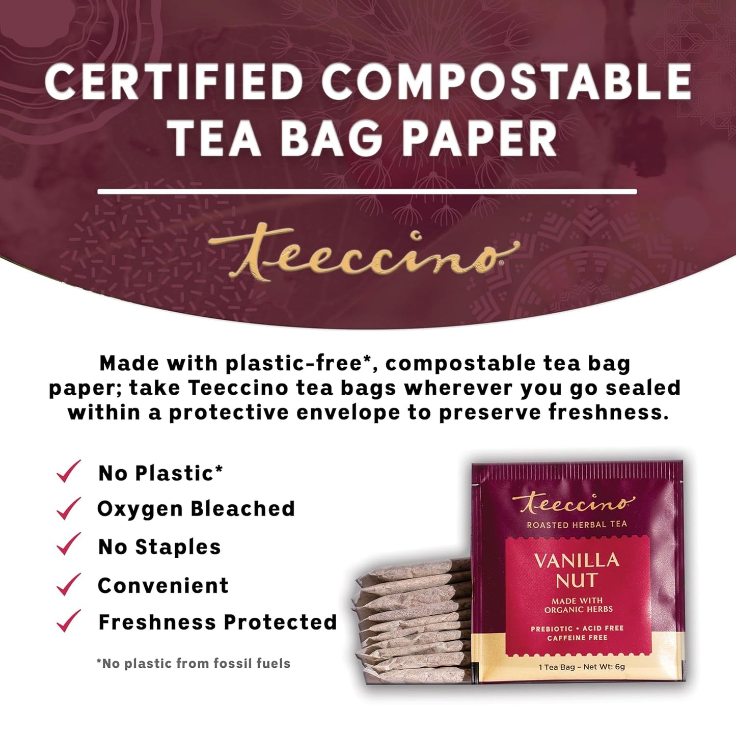 Teeccino Vanilla Nut Herbal Tea - Rich & Roasted Herbal Tea That’s Caffeine Free & Prebiotic for Natural Energy, 10 Tea Bags (Pack of 6)