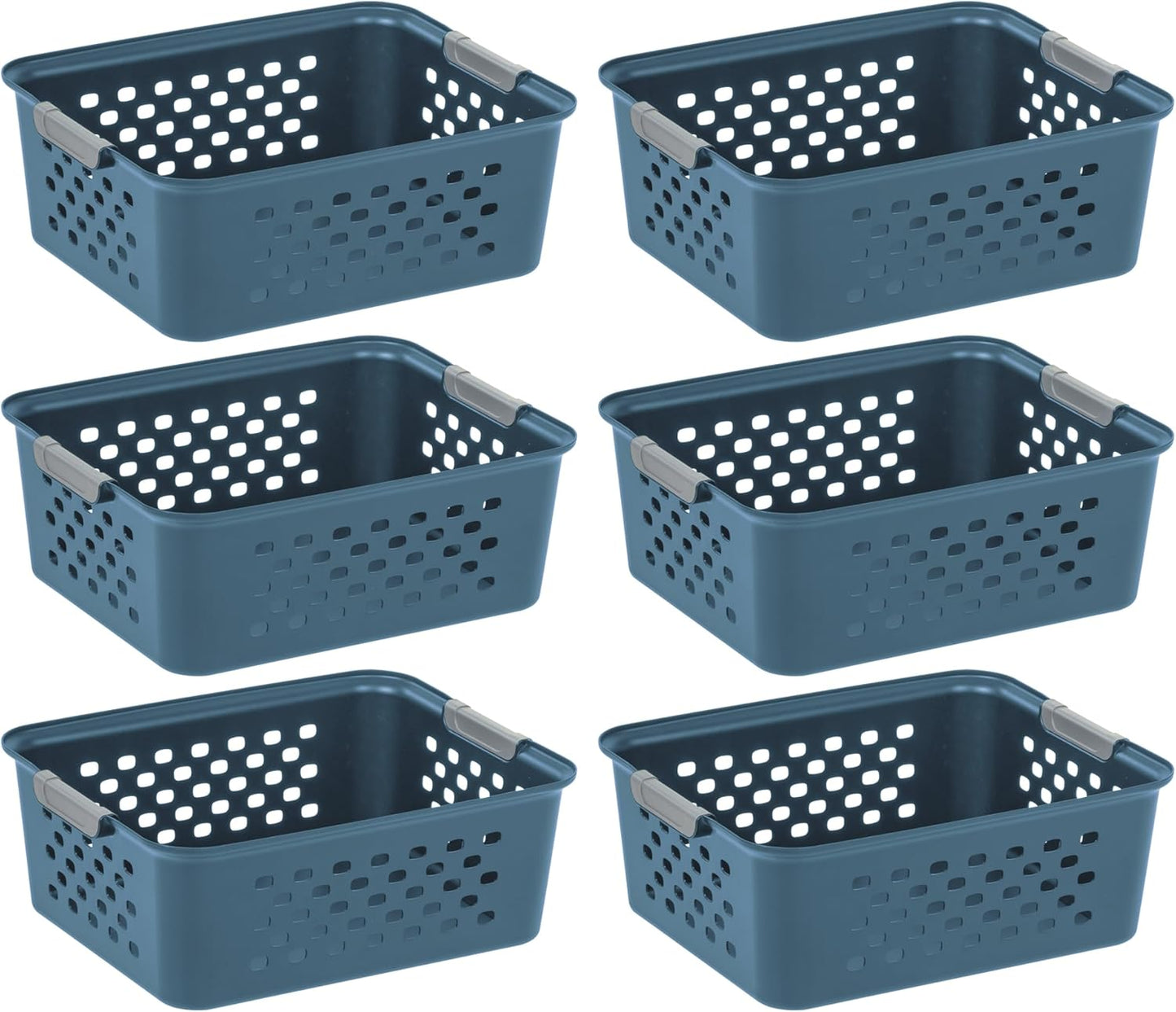 IRIS USA Plastic Storage Basket, 6-Pack, Medium, Shelf Basket Storage Organizer for Pantry, Cabinet, Bedroom, Closet, Laundry Room, Eco-Friendly, Navy