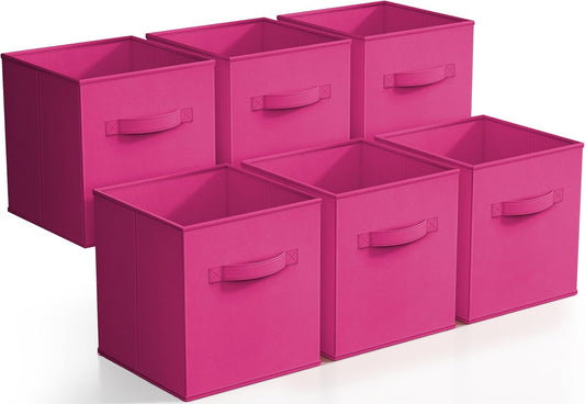 Sorbus Foldable Storage Cubes - 6 Pink Storage Bins for Organizing Pantry, Closet, Shelf, Nursery, Playroom, Toy Box, Cubby - 11 Inch Collapsible Fabric Baskets with Handle