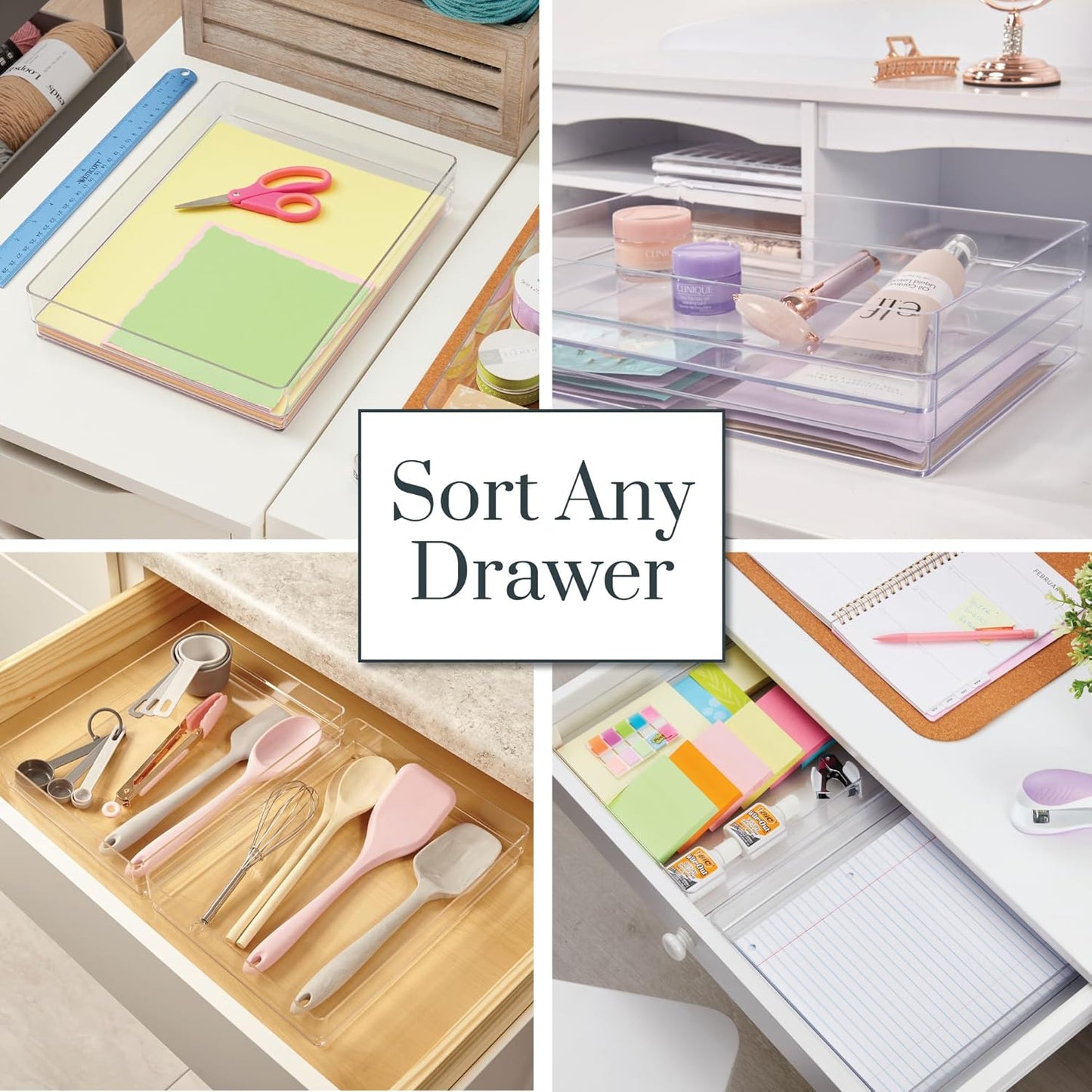 STORi SimpleSort 2-Piece Stackable Clear Drawer Organizer Set | 12" x 9" x 2" Rectangle Trays | Wide Makeup Vanity Storage Bins and Office Desk Drawer Dividers | Made in USA