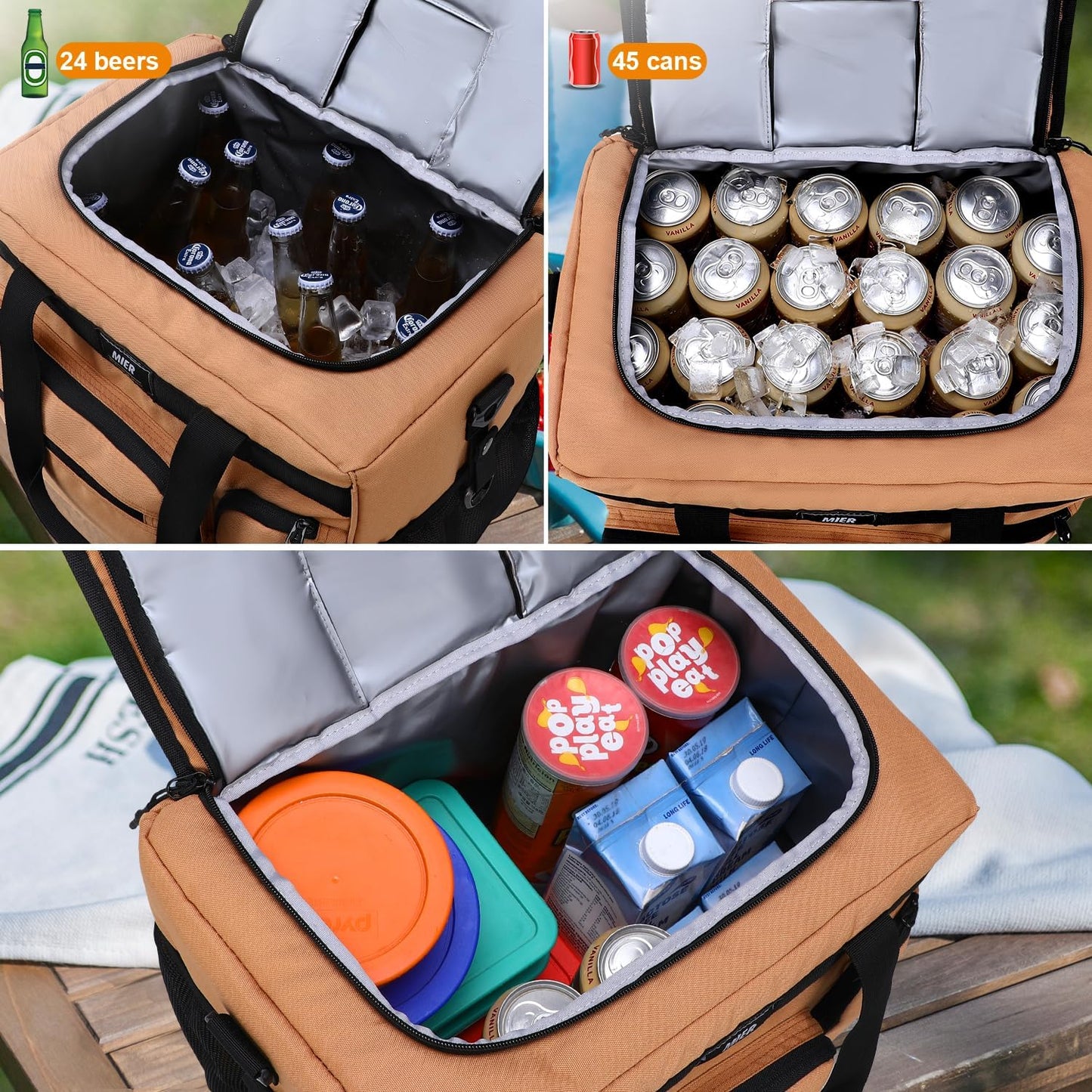 MIER 30L Extra Large Soft Cooler Bag with Bottle Opener for Camping Beach BBQ Grocery Golf Leakproof Picnic Lunch Bag, Collapsible, Top Flip Lid, 45Can (Khaki)
