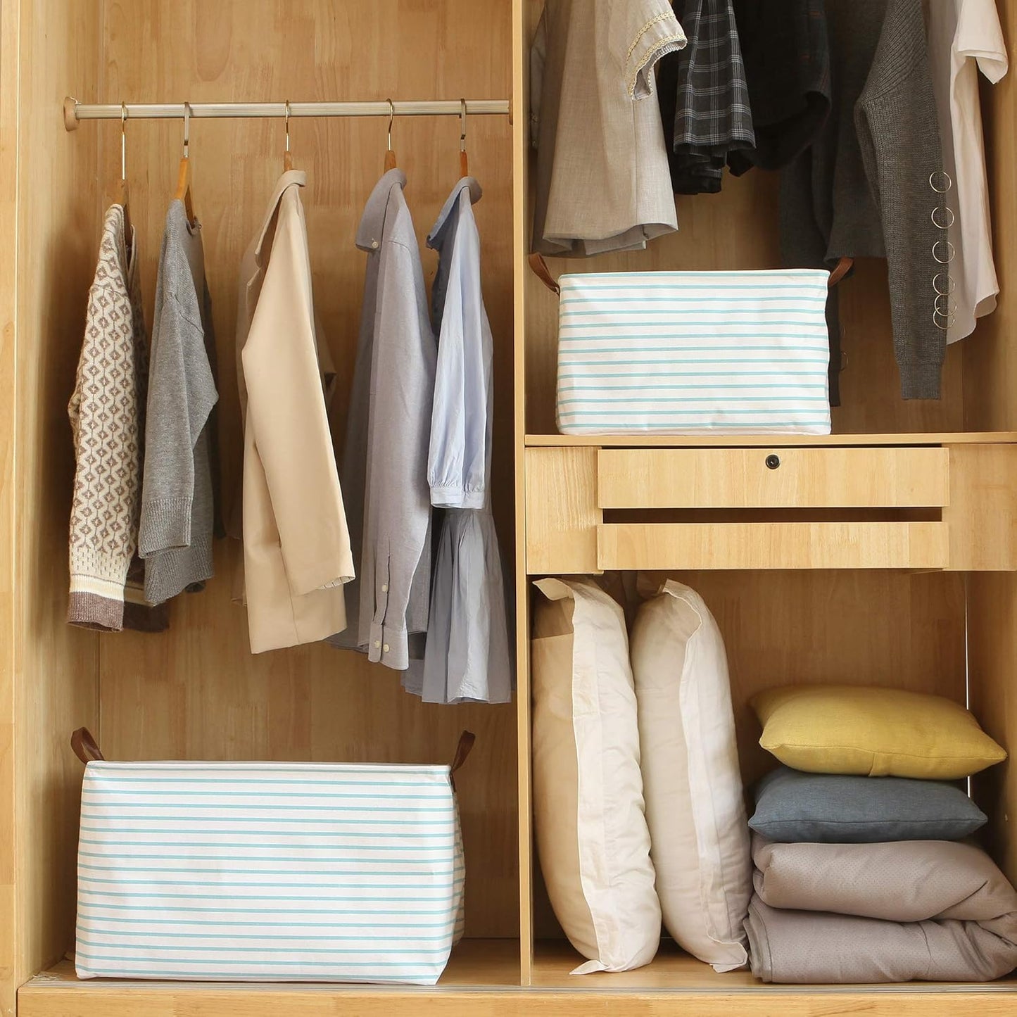 Hinwo 70L Extra Large Storage Bins, Closet Organizers and Storage, Foldable Clothes Storage Baskets with Handles, Containers for Clothing, Blanket, Comforters, Toys, Bedding (Aqua Stripe)