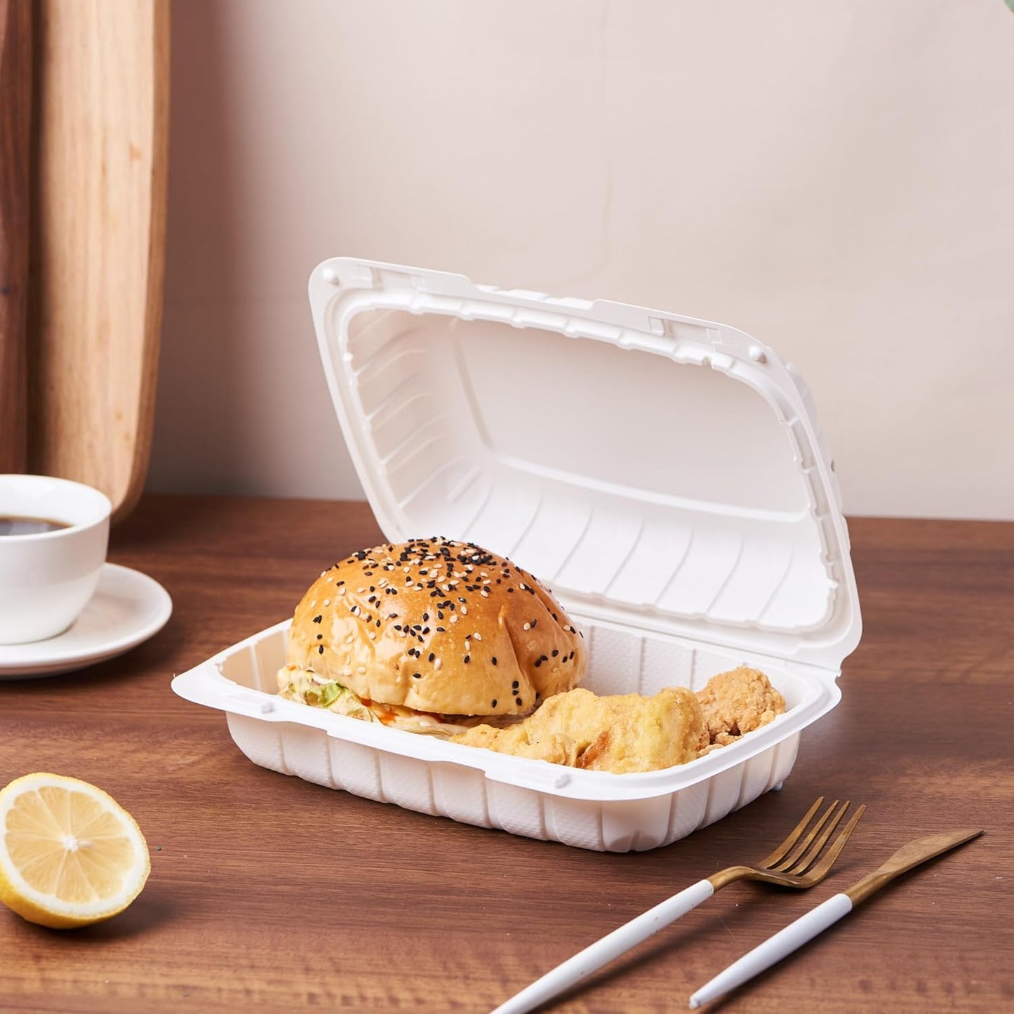 FULING 9X6 1-Compartment 50-Pack Plastic Clamshell Food To Go Box Containers Carryout For Sandwich Salad Heavy Duty Disposable Hinged With Secure Snap Lid