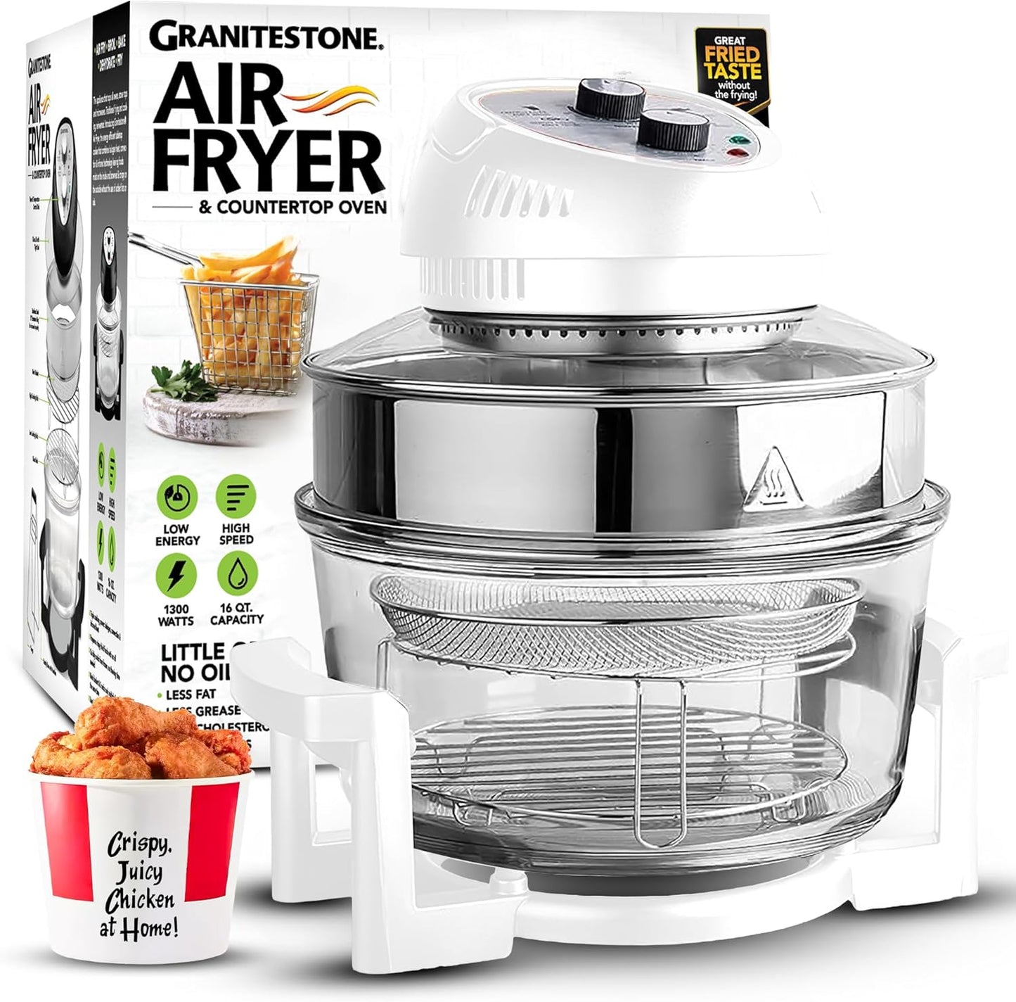Big Boss 16Qt Extra Large Glass Air Fryer Non Toxic – Family Sized 4 in 1 Cooker with 3 Cooking Sections, Stainless Steel Racks for French Fries, Chicken, No Preheat, Self Cleaning, Dishwasher Safe