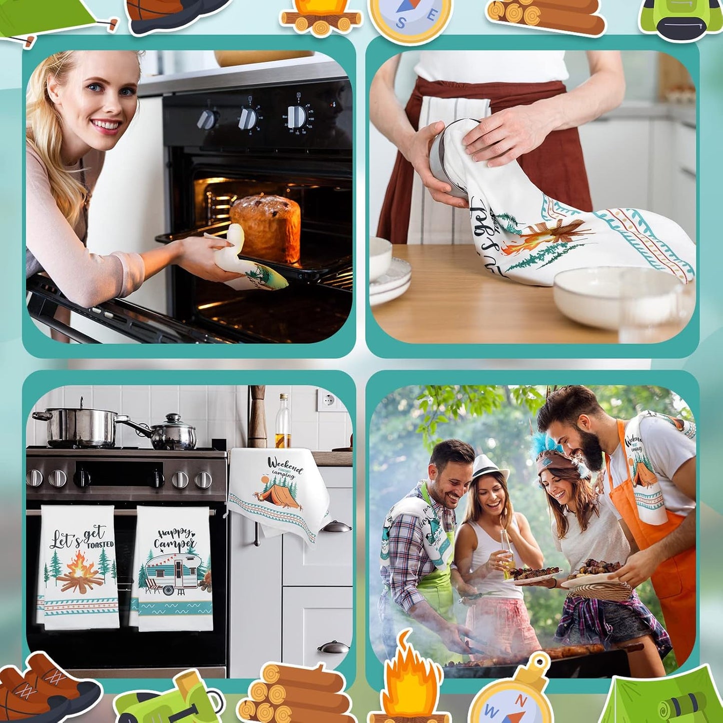 Set of 6 Camping Kitchen Towels White Absorbent Dishcloth Bonfire Tent Car Tea Towels 24 x 16 Inches with Funny Sayings Novelty Gifts for Campers Happy Camper Camping Accessories for Rv Campers