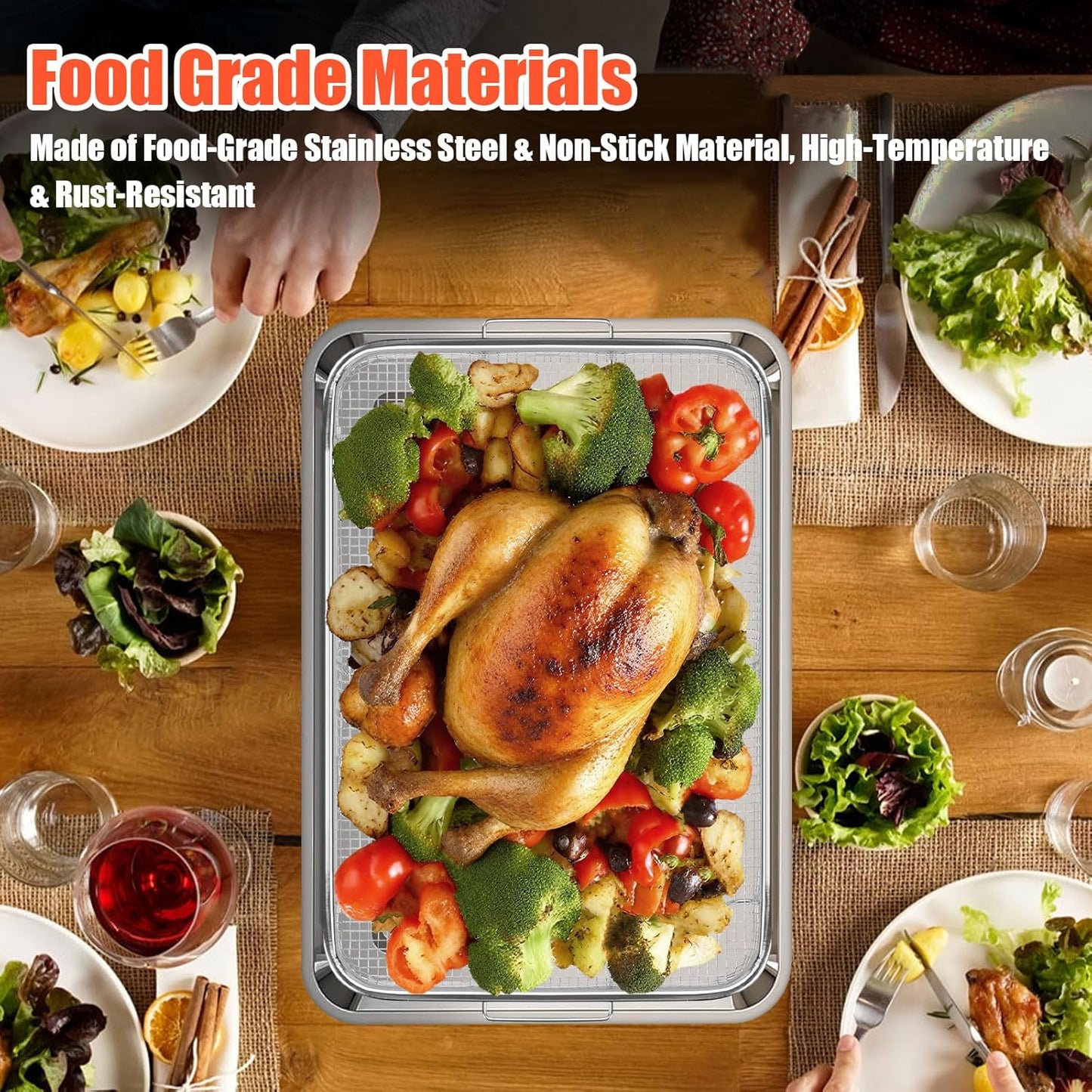 Large Air Fryer Basket for Oven 18.7" x 12.8",Stainless Steel Air Fryer Basket and Tray,Multifunctional Use,Non Stick,With 100 PCS Parchment Papers