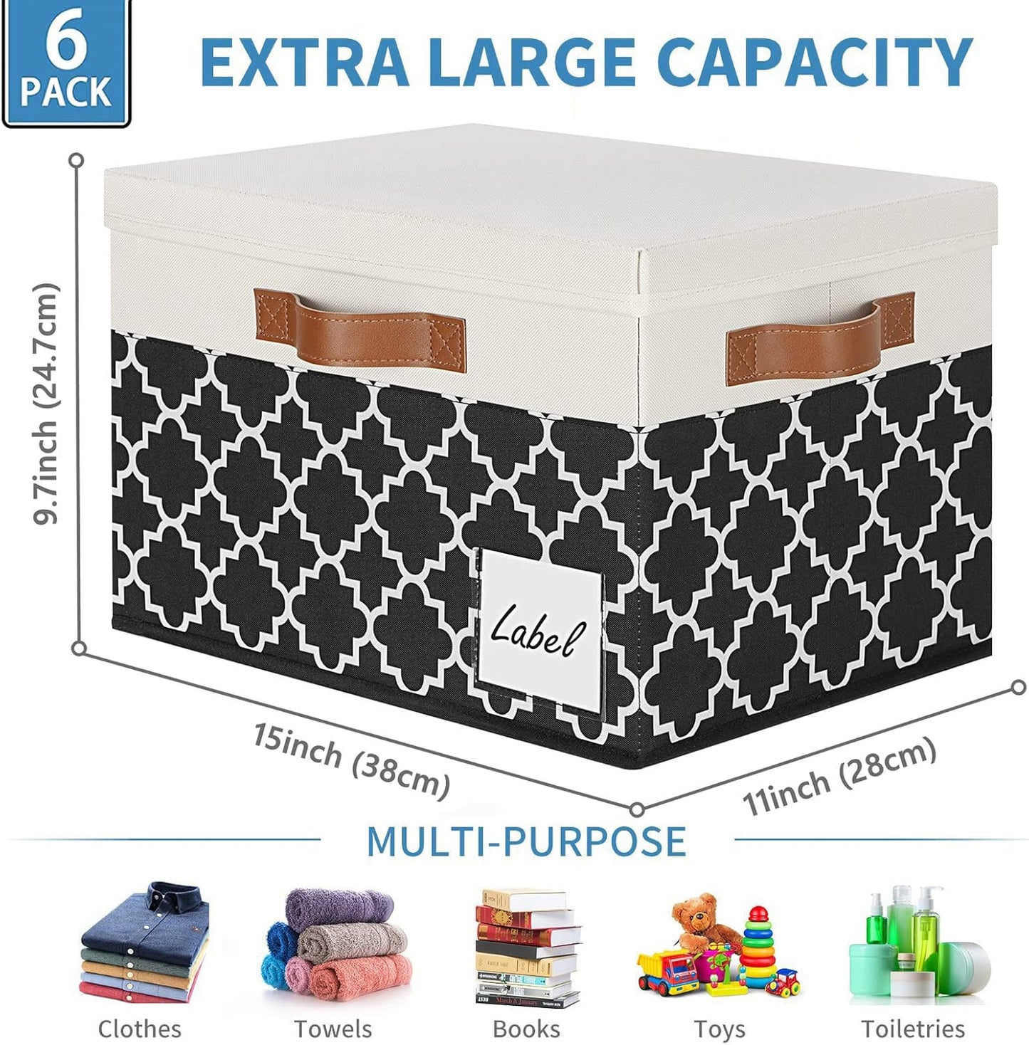 GhvyenntteS 6 Pack Fabric Storage Bins with Lids, Foldable Fabric Storage Boxes with Lids and 3 Handles, Sturdy Closet Organizers and Storage Bins with Label Window for Home (White&Lattice Black)