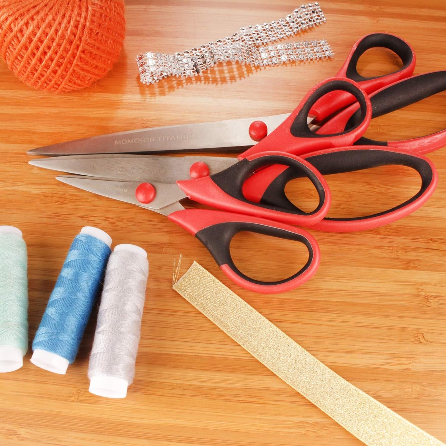 BambooMN Titanium Softgrip Scissors Set for Sewing, Arts, Crafts, Office - 30 Sets of 3 - Red w/Black Inlays