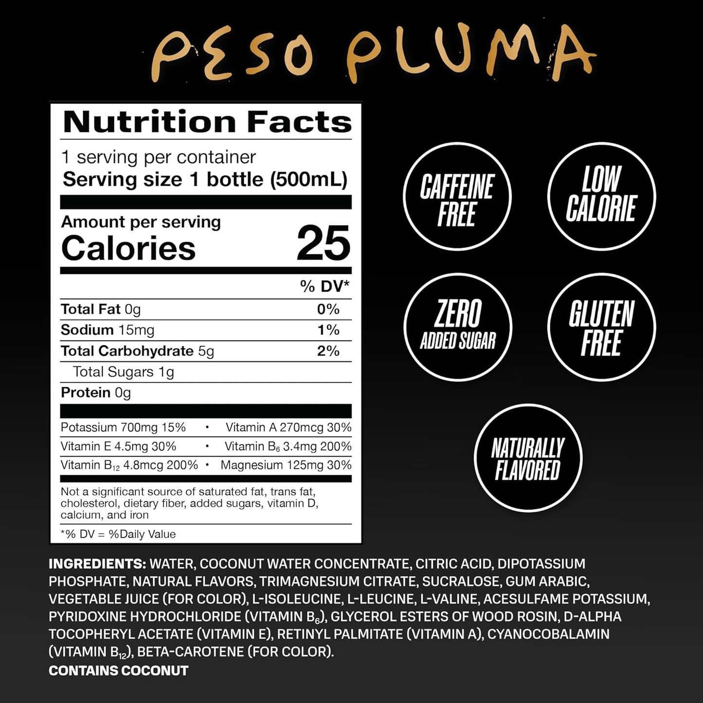 PRIME Hydration PESO PLUMA, Sports Drinks, Electrolyte Enhanced for Ultimate Hydration, 250mg BCAAs, B Vitamins, Antioxidants, Low Sugar, 16.9 Fl Oz, 12 Pack