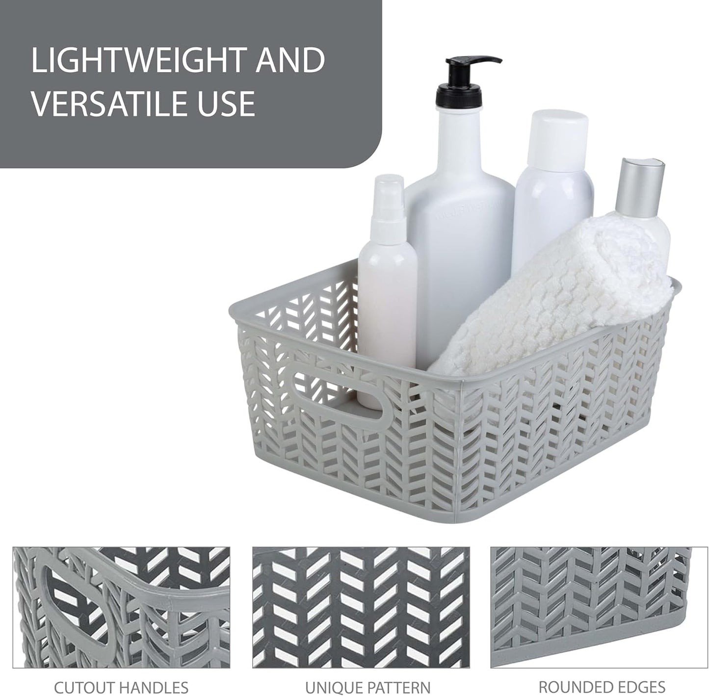 Simplify 3 Pack Small Herringbone Storage Basket | Dimensions: 10"x8"x4" | 2 Open Handles | Lightweight | Grey | Herringbone Design | Home Organization