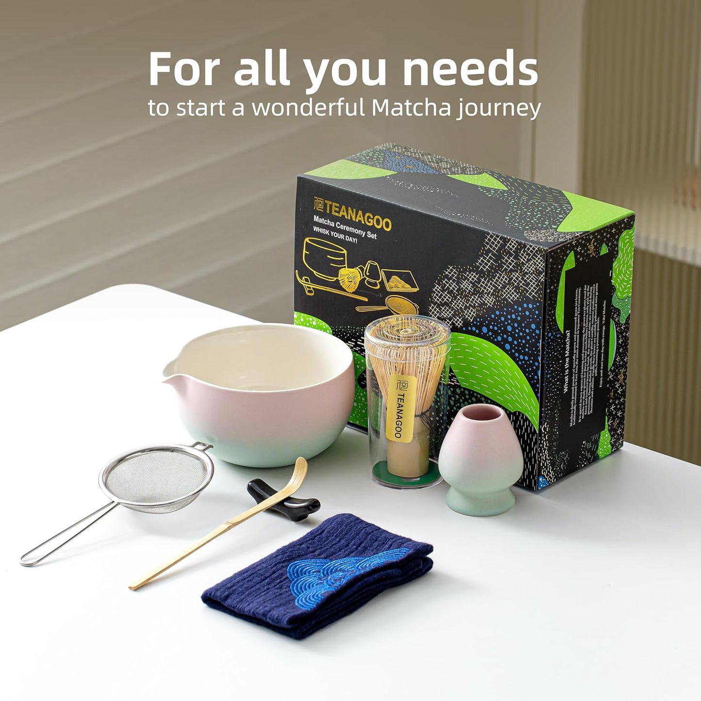 TEANAGOO Matcha Whisk Set Pink,Ceremony Matcha Set Kit Grident Pink,Matcha Tea Set for Making Breakfast/Latte,7 Pcs Matcha Whisk Set and Bowl with All Accessories,Gift for Family/Friend