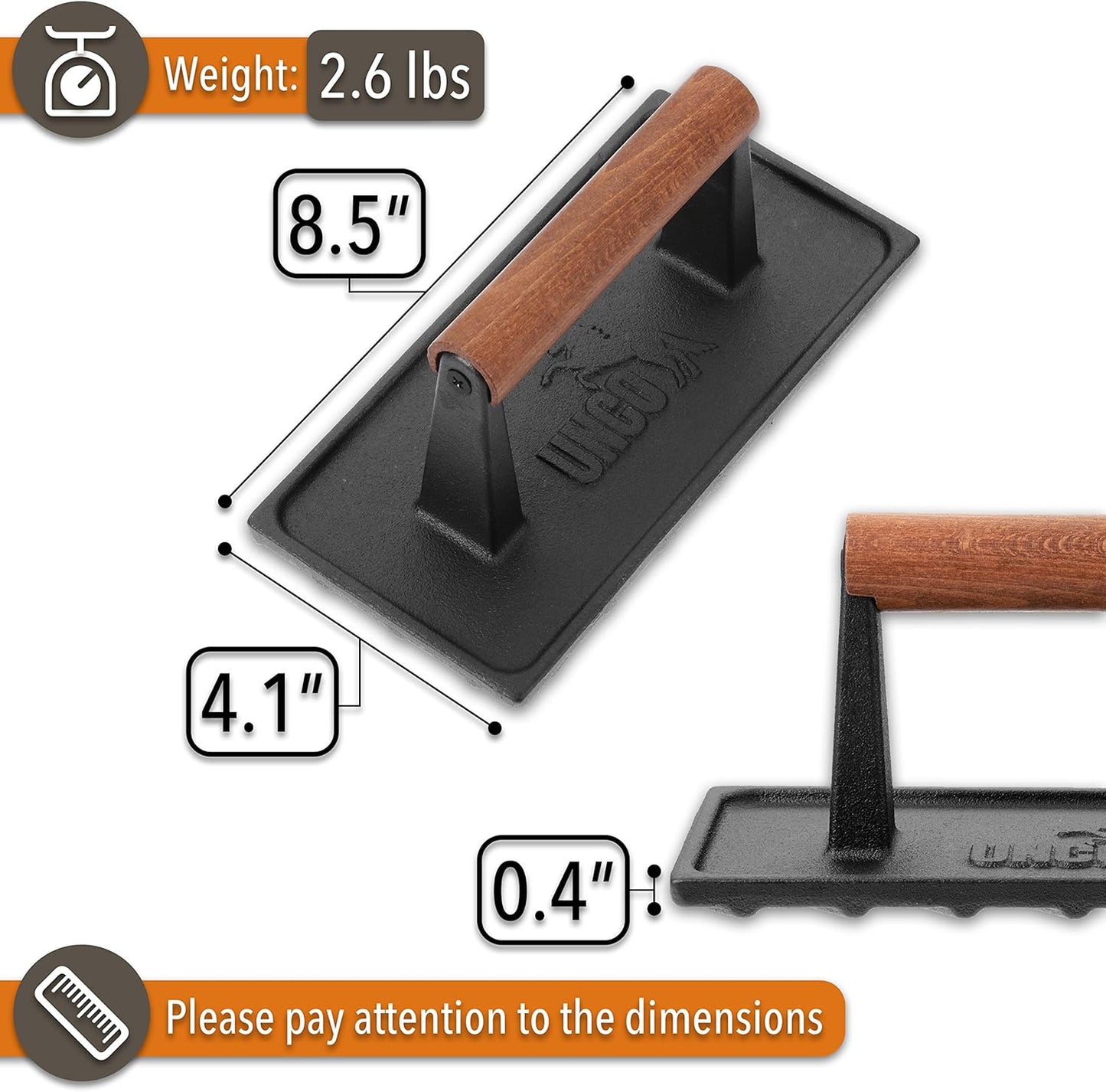 UNCO- Cast Iron Grill Press, 8.5 x 4.1 Inch, 2.6 lbs, Burger Press for Griddle, Sandwich Press, Bacon Press for Griddle, Griddle Press, Meat Press Cast Iron, Hamburger Press for Griddle