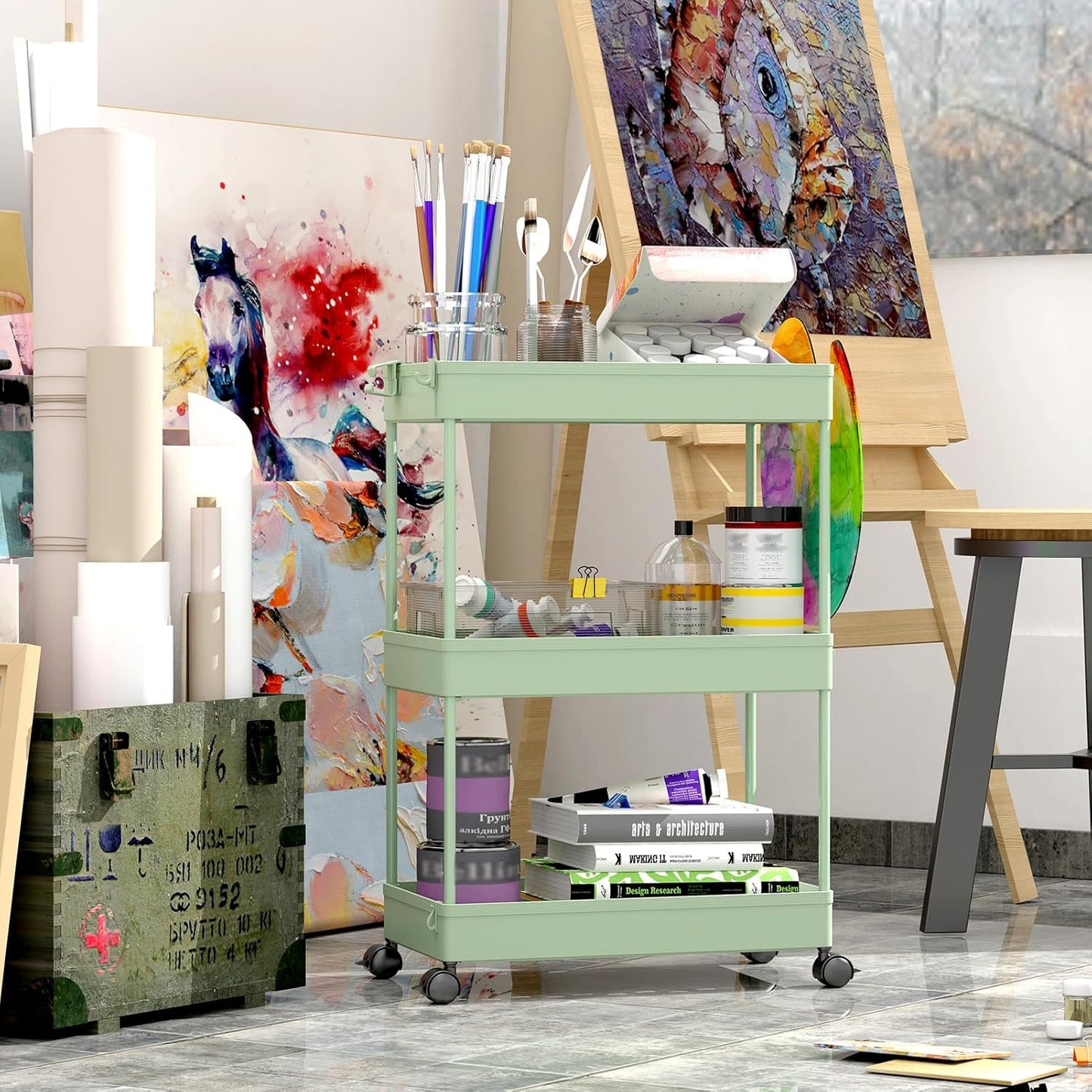 SPACEKEEPER Rolling Storage Cart 3 Tier, Bathroom Cart Organizer Laundry Room Organizer Utility Cart Mobile Shelving Unit Multi-Functional Shelves for Office, Kitchen, Bathroom, Green, SPKSC302GN