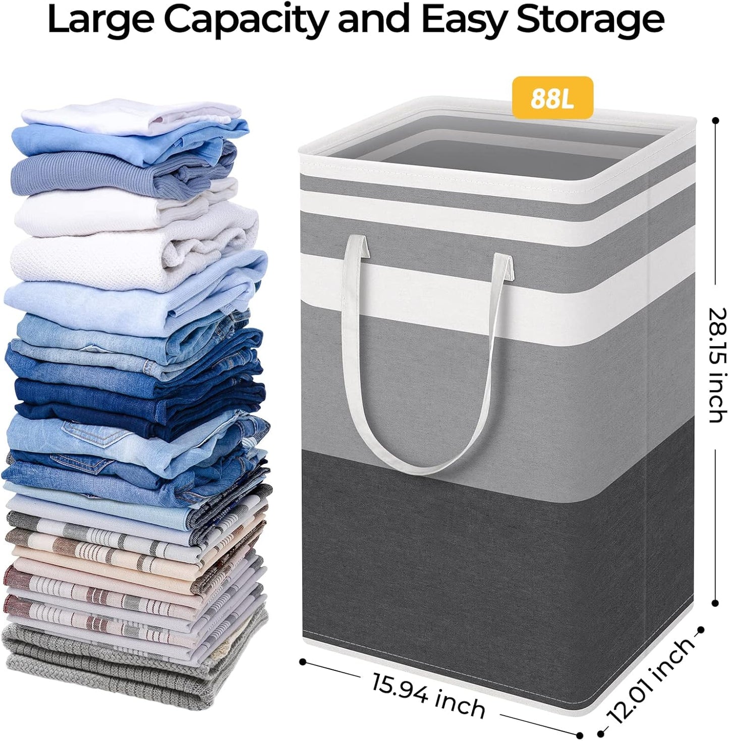 HomeHacks 2-Pack Large Laundry Basket, Waterproof, Freestanding Laundry Hamper, Collapsible Tall Clothes Hamper with Extended Handles for Clothes Toys in the Dorm and Family Gradient Grey, 88L