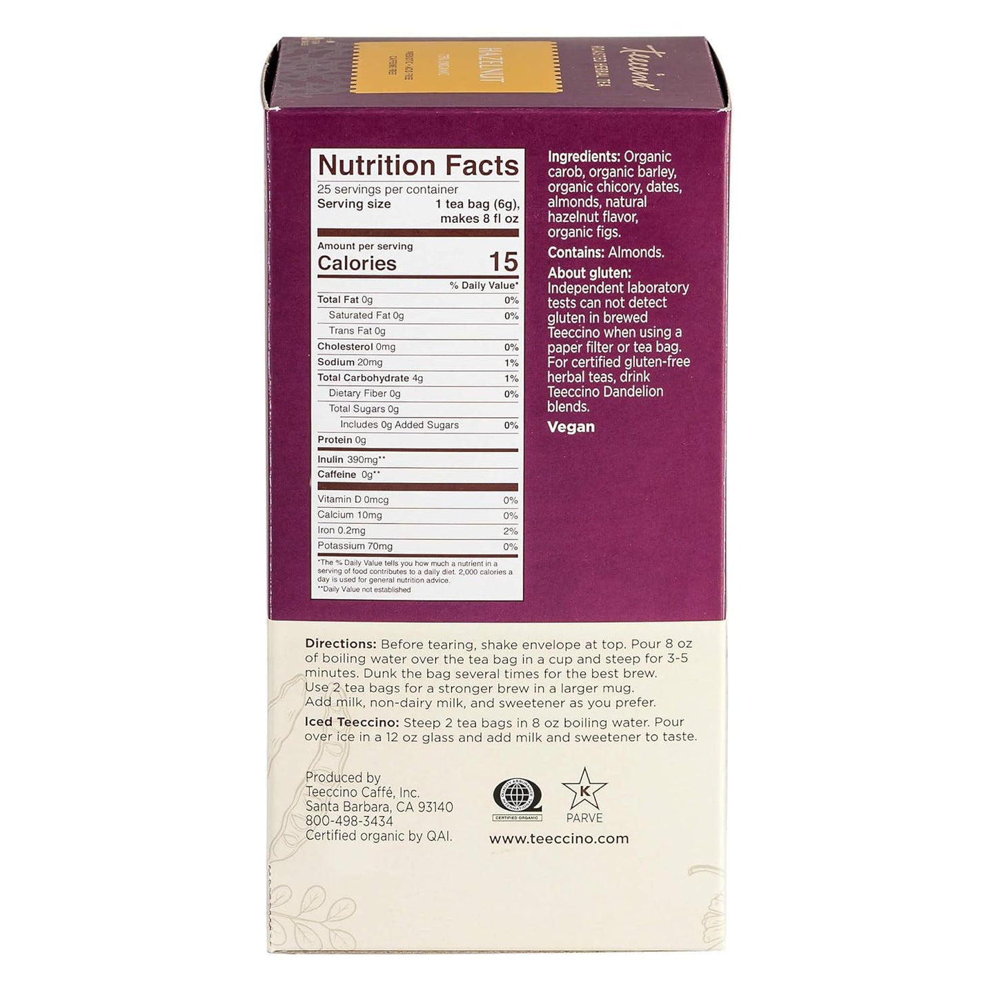 Teeccino Hazelnut Herbal Tea - 25 Tea Bags - Rich & Roasted Herbal Tea That’s Caffeine Free & Prebiotic for Natural Energy,