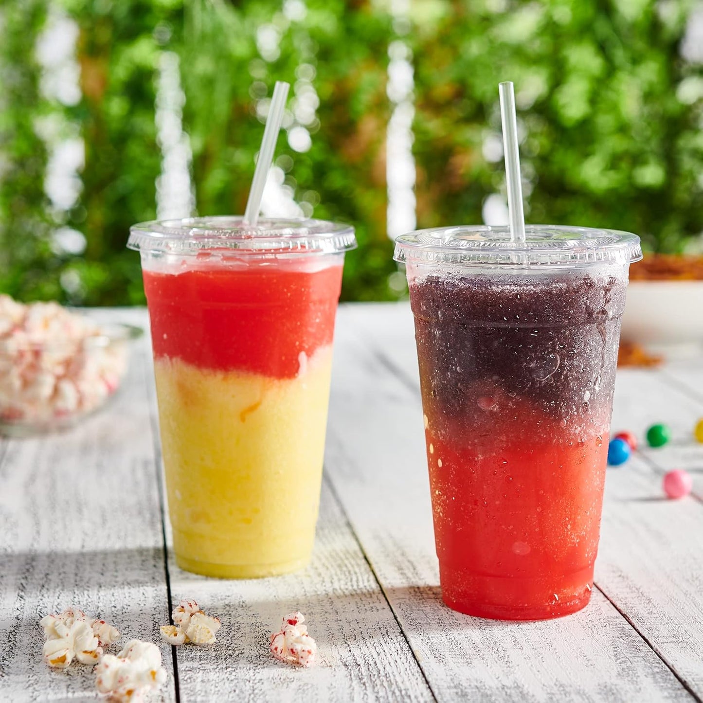 GUSTO Clear Plastic Cups with Flat Lids [24 oz - 100 Count] - Disposable Iced Coffee Cups with Lids - PET Plastic Cold Cups for Smoothies, Juices & To-Go Drinks - Formerly Comfy Package