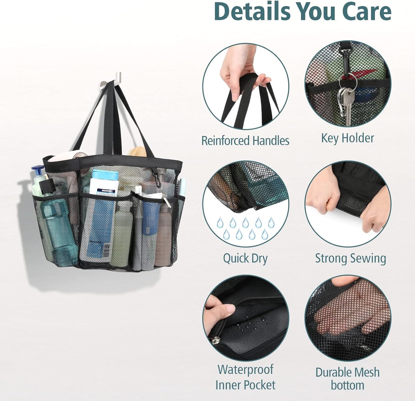 F-color Mesh Shower Caddy Portable, 8.3" Deeper Pockets Large Shower Caddy Bathroom Caddy for College Dorm Room Bathroom Essentials, 2 Handles Shower Bag Tote for Gym Rv, Camp with S Hook, Black