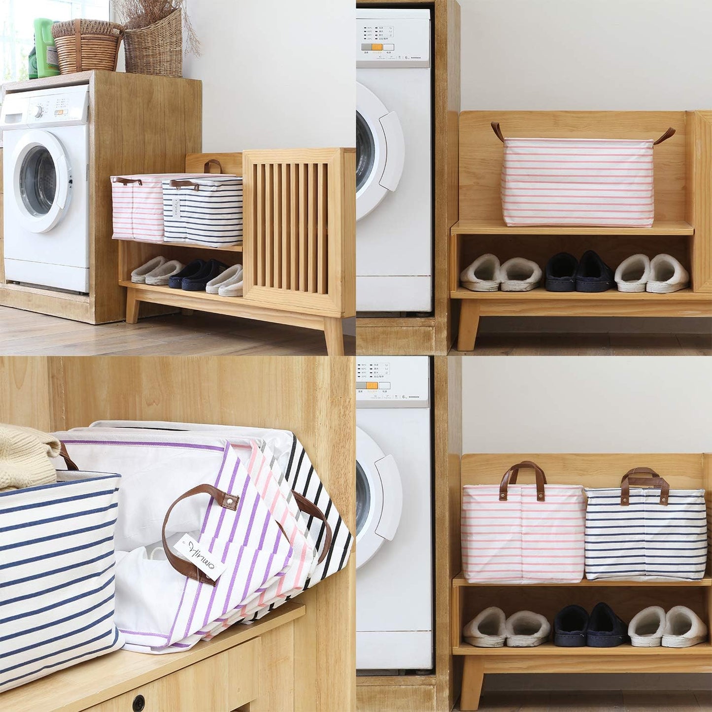 Hinwo 31L Large Storage Bins, 2-Pack Closet Organizers and Storage, Foldable Clothes Storage Baskets with Handles, Containers for Clothing, Blanket, Towels, Toys, Bedding (Pink Stripe)