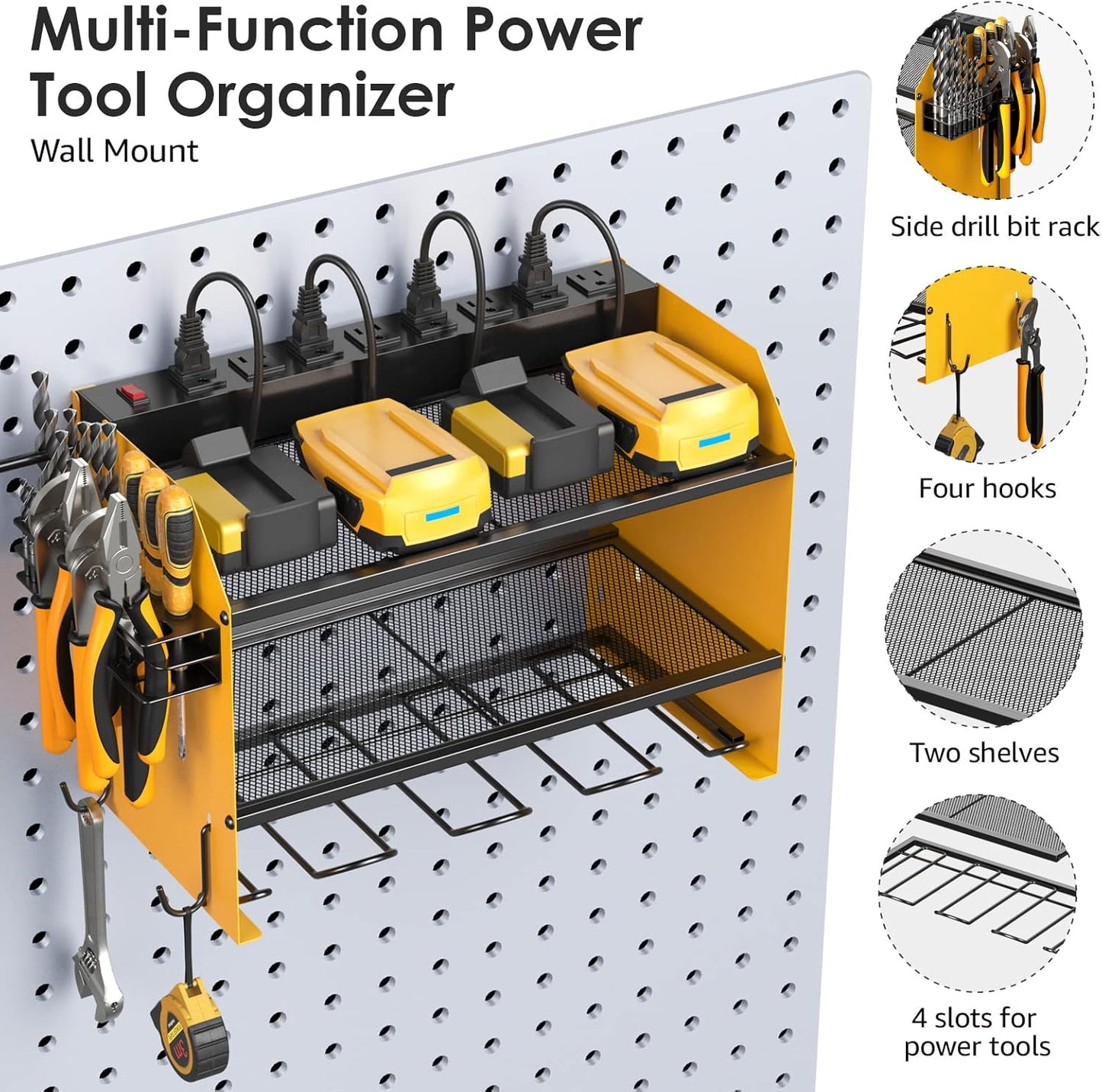 CCCEI Modular Power Tool Organizer Wall Mount with Charging Station. Garage Drill Storage Shelf with Hooks, Heavy Duty Rack, Tool Battery Holder Built in 8 Outlet. Gift for Men. Yellow, 1 Pack.