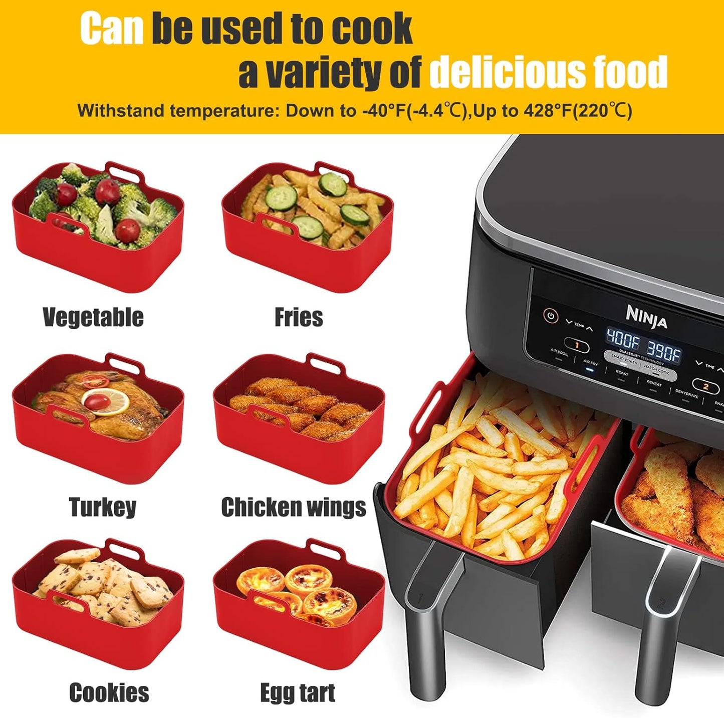 Air Fryer Silicone Liners 10 Quart for Ninja DZ550GY DZ550/DZ401/DZ302 Foodi DualZone XL 2-Basket,MMH 2PCs Reusable Rectangle Baking Tray Replacement Accessories for Ninja/Cosori 9-10QT Airfryer,Red