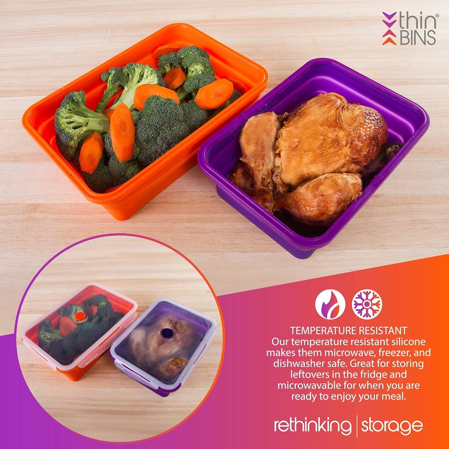 Kitchen Home Thin Bins Collapsible Containers – Set of 2 Extra Large Rectangle Silicone Food Storage Containers – BPA Free, Microwave, Dishwasher and Freezer Safe