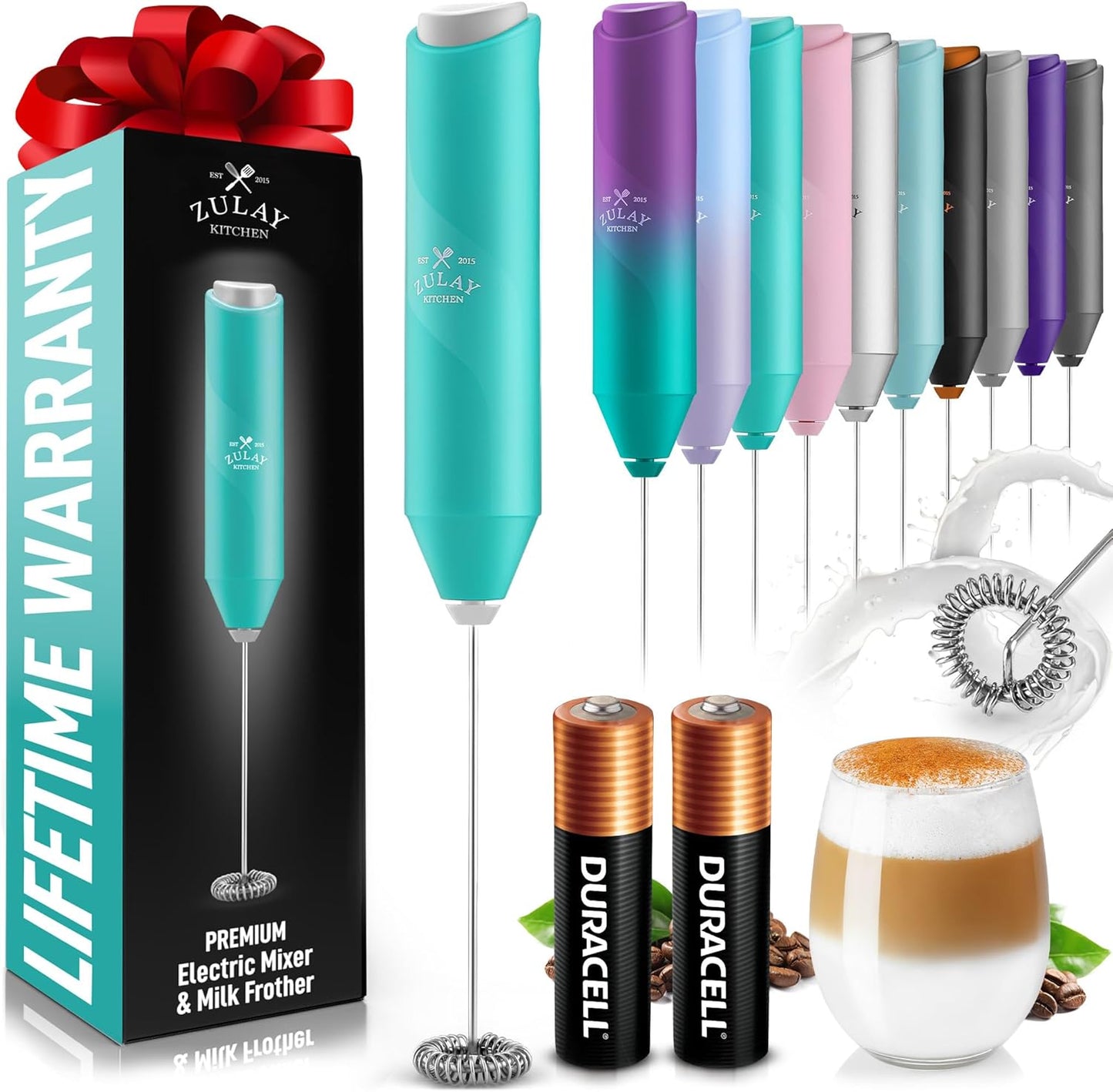 Zulay Kitchen Milk Frother Handheld with 2 Duracell AA Batteries – Electric Drink Mixer for Coffee, Lattes, Cappuccinos, Matcha & Hot Chocolate – Portable Foam Maker & Coffee Bar Accessory