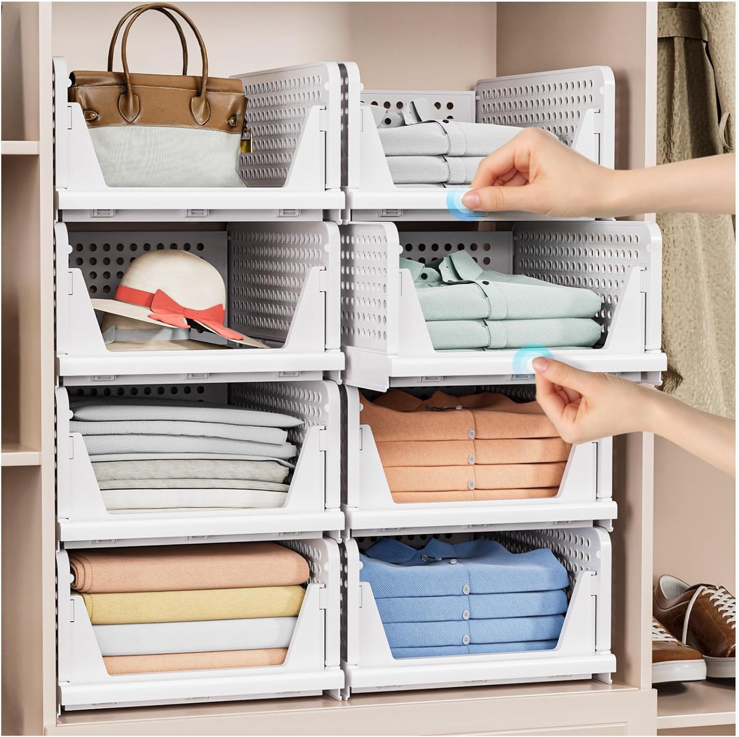 5 Pack Stackable Closet Storage Basket - Stackable Storage Bins, Multifunctional & Foldable Closet Organizer Waterproof, Wardrobe Cupboard Space-Saving Hat Storage Drawer Organizer, White