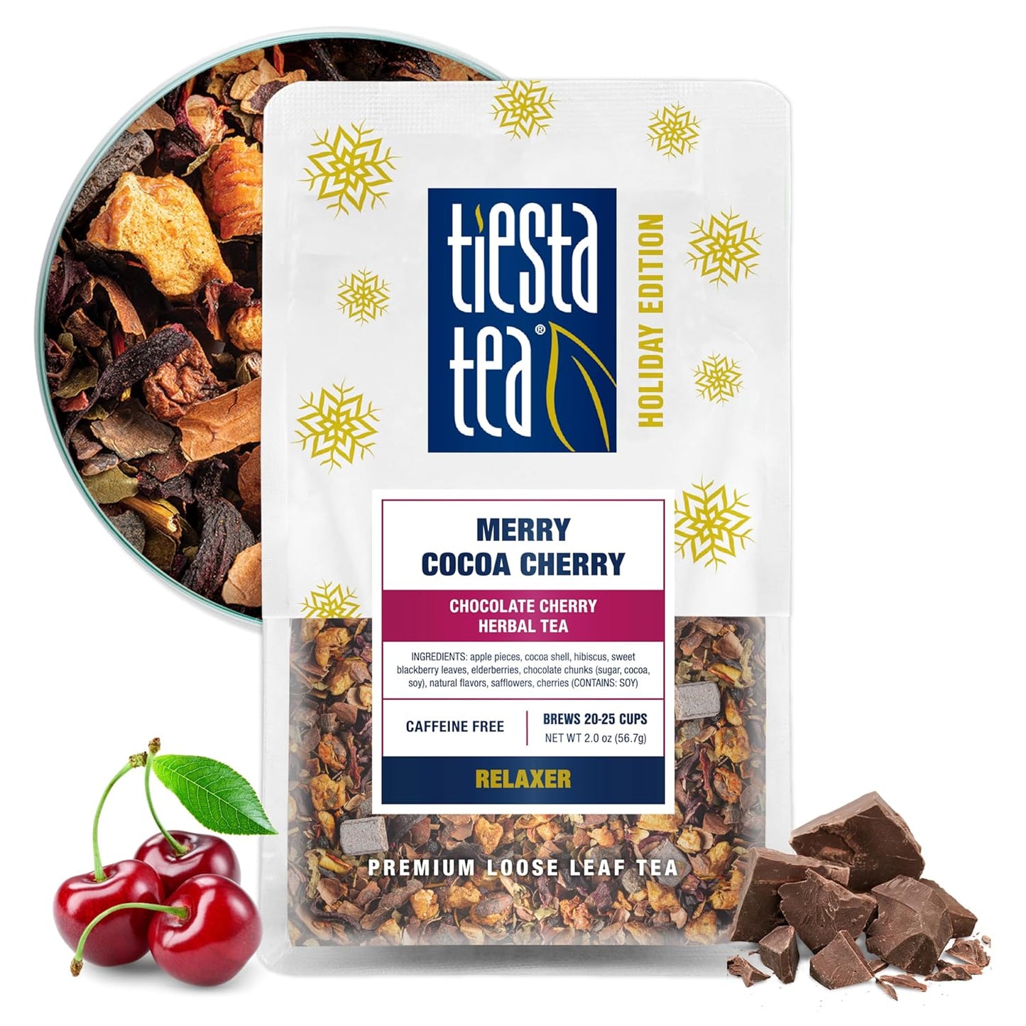 Tiesta Tea Merry Cocoa Cherry Premium Loose Leaf Tea, Chocolate Cherry Herbal Blend, Caffeine Free, Hot or Iced, Brew Up to 25 Cups, Holiday Edition, Gift, Resealable Bulk Pouch, 2 Ounce