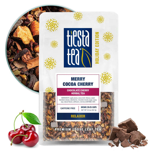 Tiesta Tea Merry Cocoa Cherry Premium Loose Leaf Tea, Chocolate Cherry Herbal Blend, Caffeine Free, Hot or Iced, Brew Up to 25 Cups, Holiday Edition, Gift, Resealable Bulk Pouch, 2 Ounce