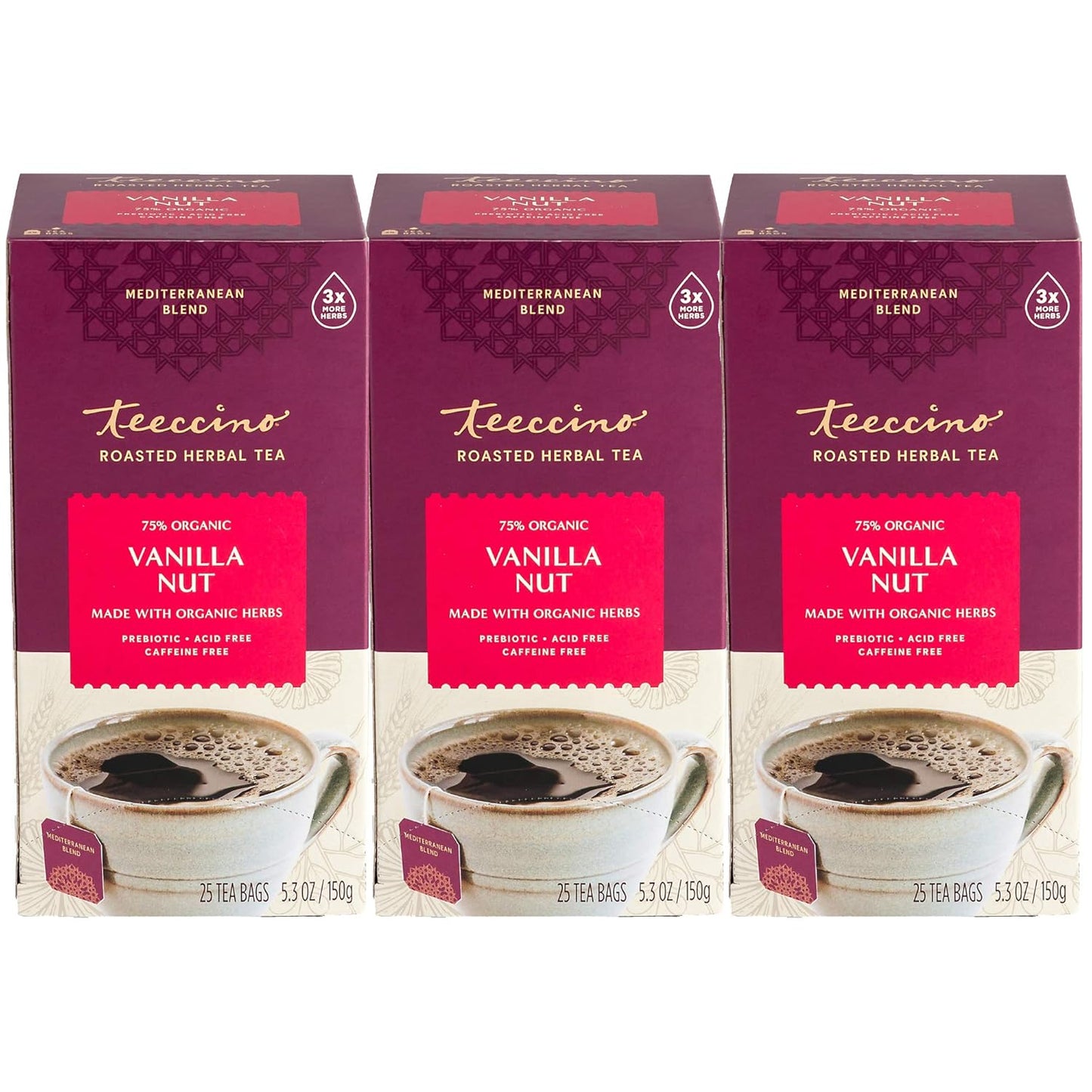 Teeccino Vanilla Nut Herbal Tea - Rich & Roasted Herbal Tea That’s Caffeine Free & Prebiotic for Natural Energy, 25 Tea Bags (Pack of 3)