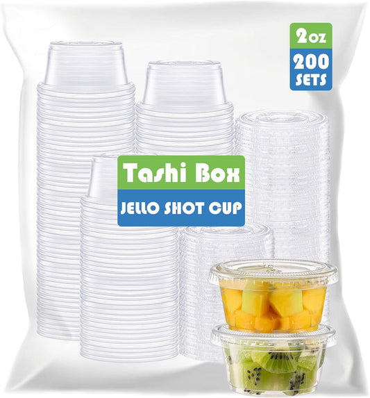 TashiBox Plastic Portion Cups with Lids [2 Ounce, 200 Sets] Disposable Plastic Cups for Meal Prep, Salad Dressing, Jellos Shot Cups, Souffle Cups, Condiment & Dipping Sauce Cups