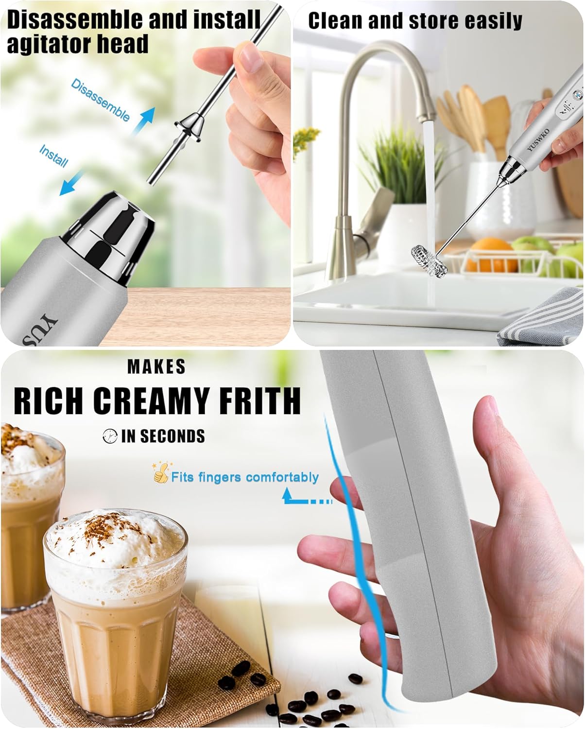 YUSWKO Rechargeable Milk Frother for Coffee, Handheld Drink Mixer with 3 Heads 3 Speeds, Ideal Coffee Frother Wand for Travel - Silver